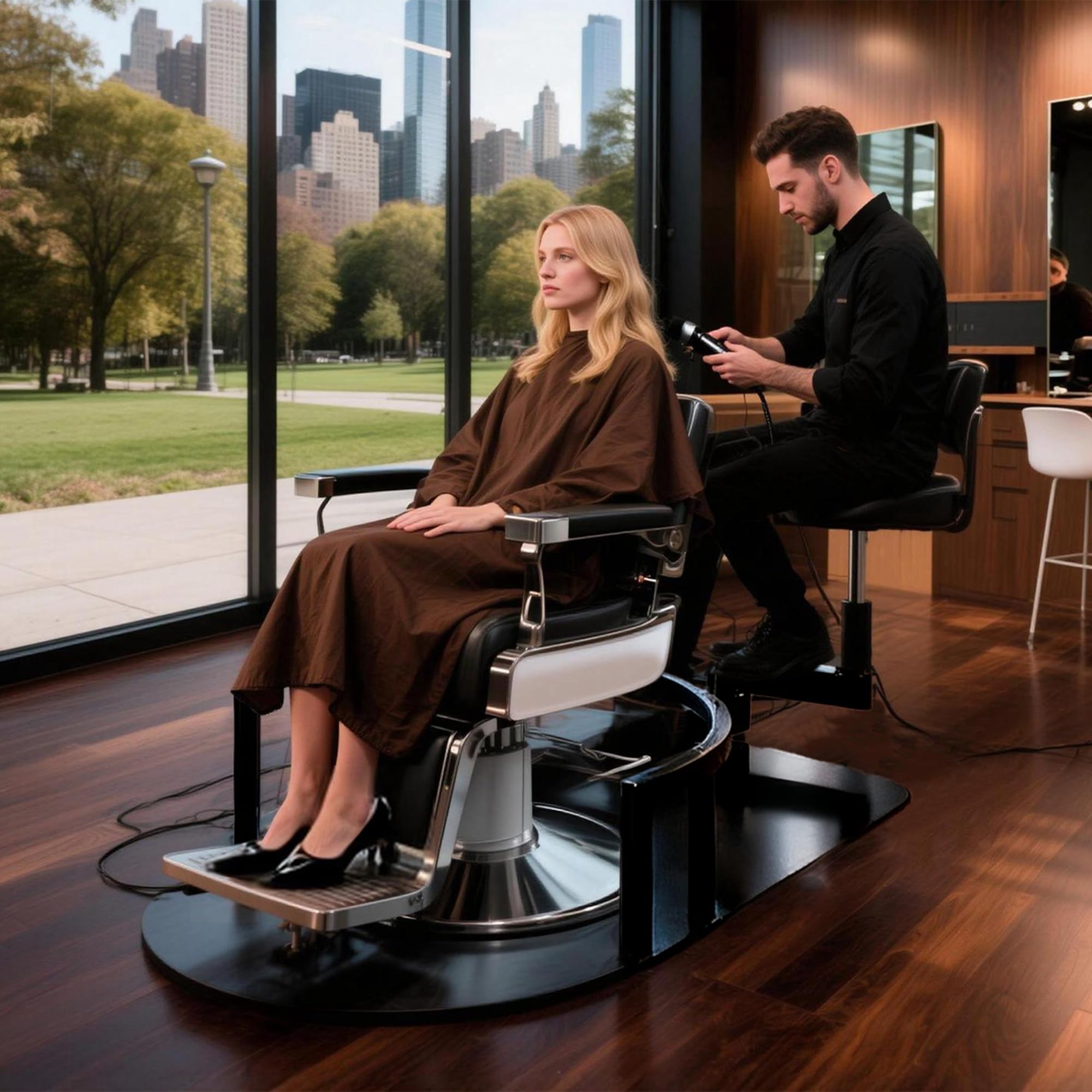 Professioneller 360° drehbarer Friseurstuhl, Drehstuhl für Friseursalon, Techniker, Sitz kann angehoben und angepasst werden, modernes Design, schwarzes Aussehen