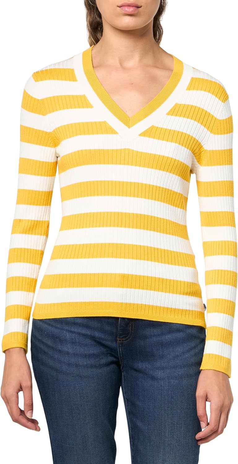 Nautica womens Long Sleeve Striped V-neck Ribbed Sweater