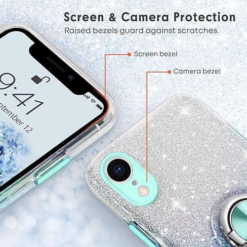 Miniatura 2 de Funda para iPhone XR, delgada, brillante, suave, TPU a prueba de golpes, soporte de anillo protector de soporte híbrido protección contra caídas,