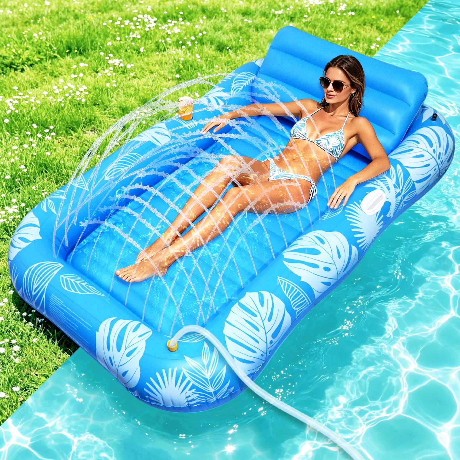 Tanning Pool mit Eingebautem Sprinkler, Luftmatratze Schwimminsel mit Getränkehalter, Griff und Rückenlehne, Amphibisch Luftmatratze Wasser Erwachsene Geeignet für Schwimmbäder, Strände, Gärten