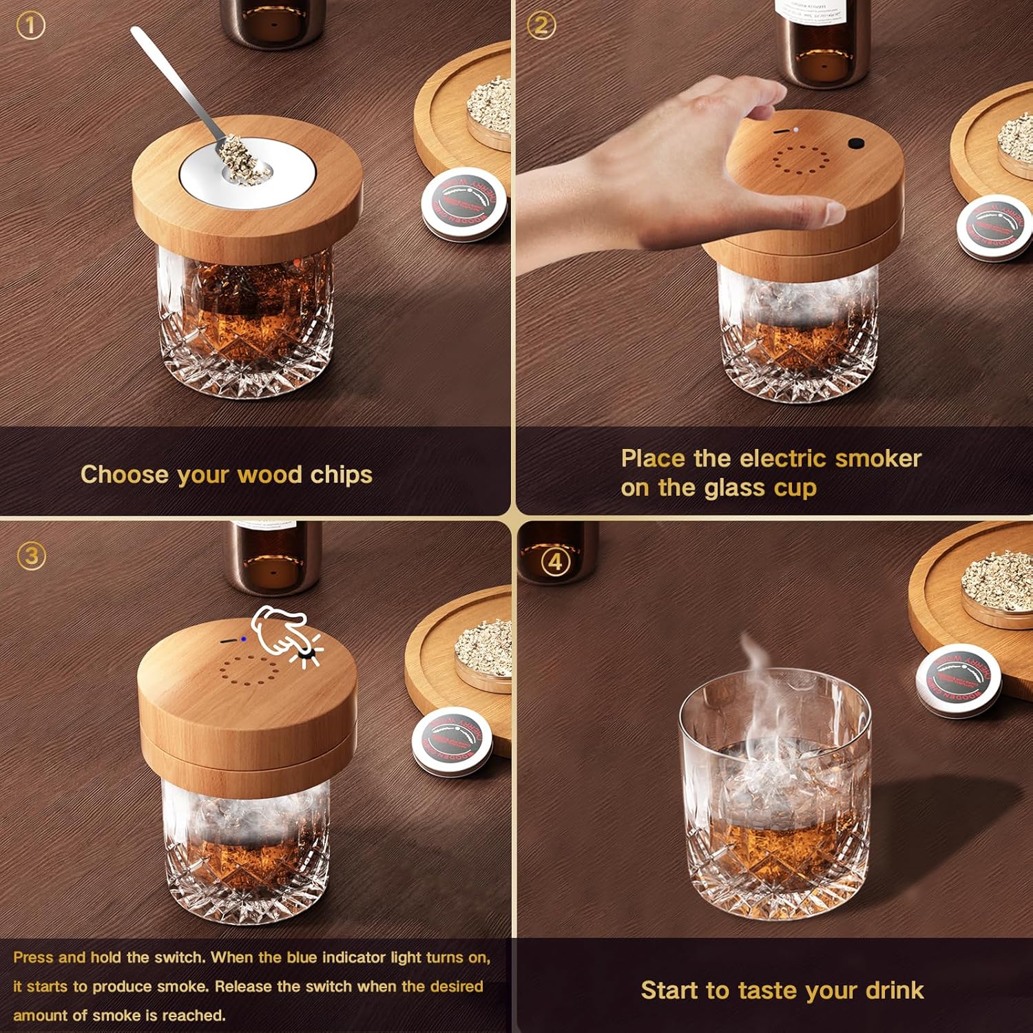 Electric Whiskey Smoker Kit with 6 Wood Chips, Rechargeable Cocktail Smoker Kit Built-in Lighter, No Butane Needed,Old Fashioned Drink Smoker Kit, Gifts for Men, Dad, Husband