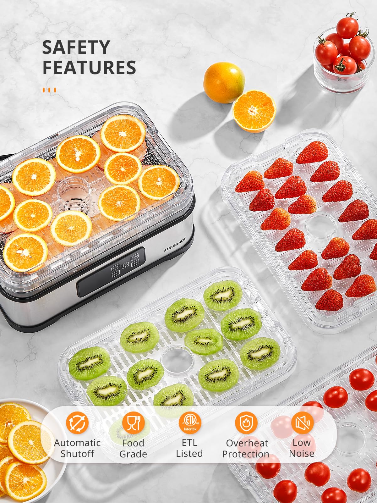 Dörrautomat mit 5 Etagen, Edelstahl-Basis, Digitaler Touch-Display für Präzise Temperatur & Zeitsteuerung, Kompakter Obsttrockner für Dörrfleisch, Obst, Gemüse und Kräuter (White)