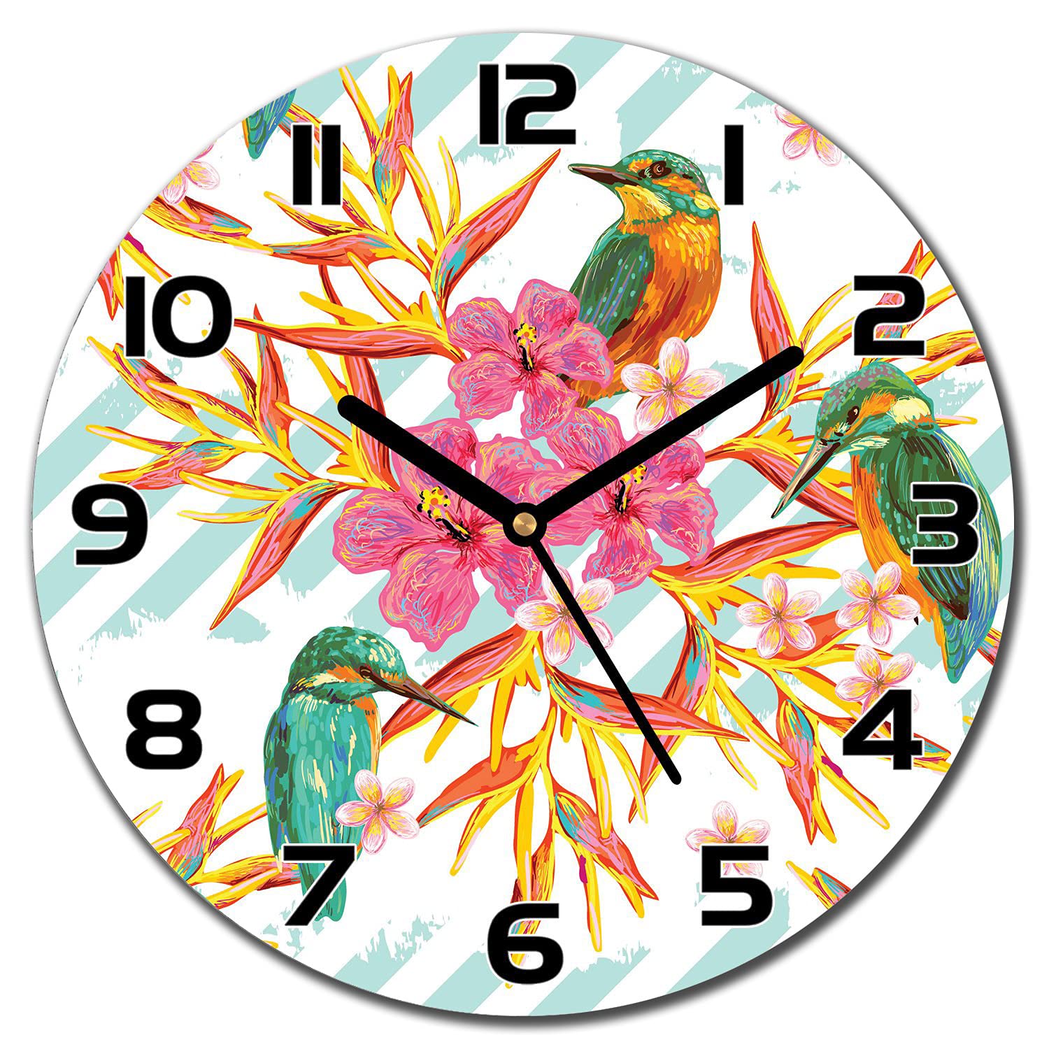 Horloge en verre moderne de 30 cm avec impression haute définition Summer Birds