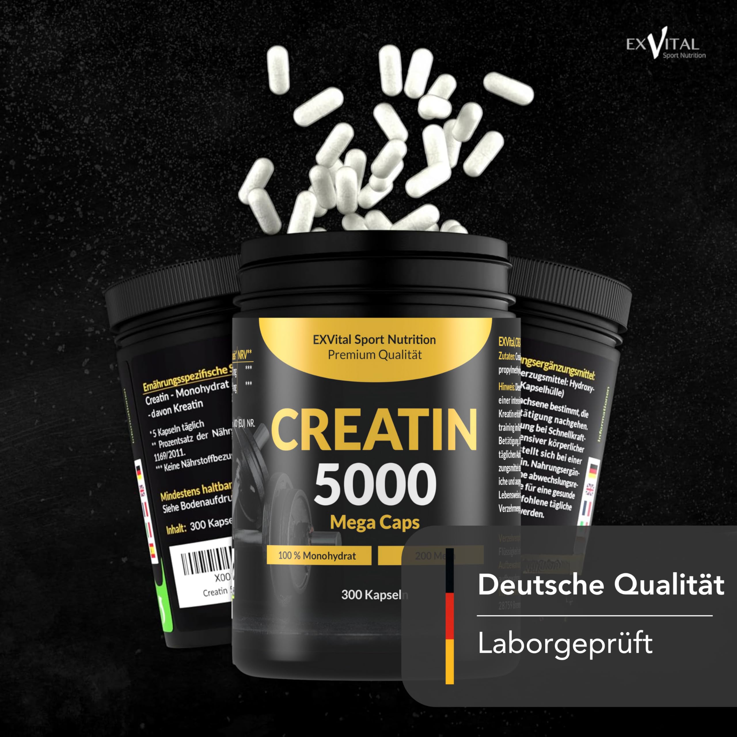 Creatin 5000 Mega Caps, 5000 mg Creatin Monohydrat pro Tagesdosis, 300 vegane Kapseln, 100% rein mit Mesh Faktor 200- Vegan & laborgeprüft
