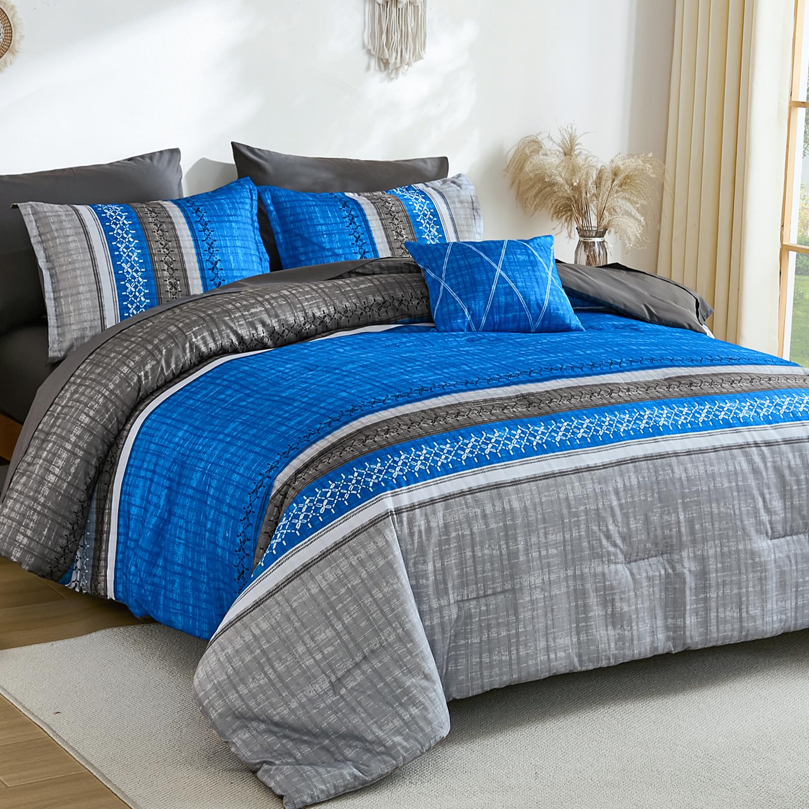 Dintszyayue Blue Queen Comforter Size Set, 8 Pieces Boho Striped Texture Bed in a Bag Sets, Lightweight Soft Bohemian Comforter and Sheet Set, All Season Microfiber Bedding Sets for Men Women