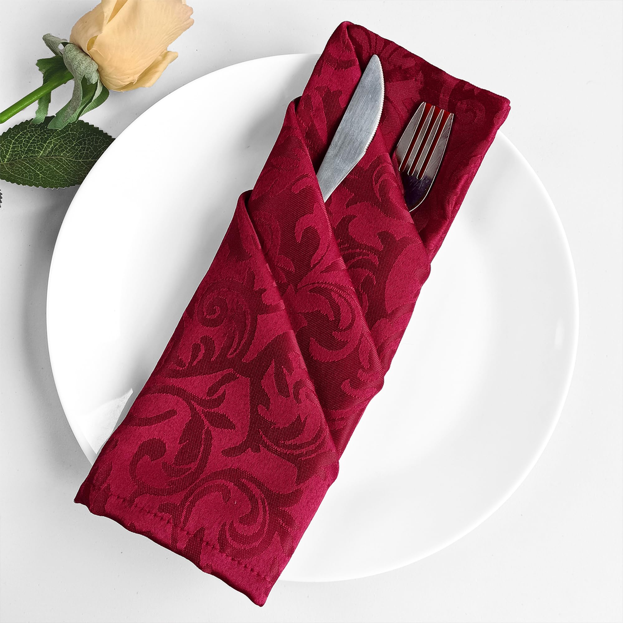 Trimming Shop Red Damask Cloth Napkins (20 Pack) 20 x 20 Inch, 100% Polyester Dinner Napkins with Elegant Scrolled Floral Pattern for Christmas, Weddings, Parties, Home Decor Reusable & Washable