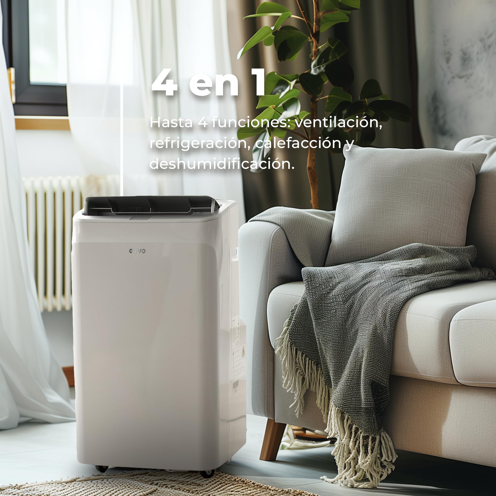 EVVO Aire Acondicionado Portatil Frío y Calor, Clase A, 12.000 BTU, Control Remoto y Temporizador 24h, 4 en 1, Deshumidificador, Ventilación, Hasta 26 m2. (Modelo: CLIMA P12 Frio y Calor)