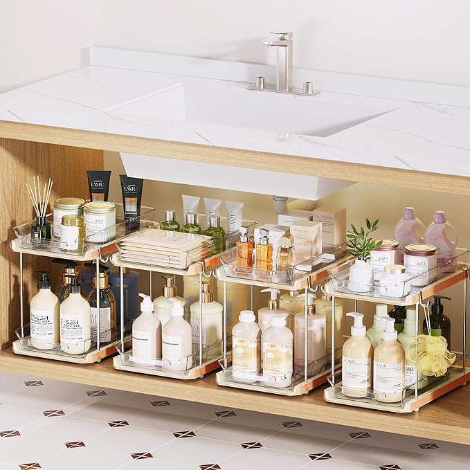 Delamu 2 Tier Under Sink Organizer Bathroom, Bathroom Cabinet Organizer with Snap-Lock Design and Hooks, Pull Out Storage with Movable Dividers, for Countertop, Kitchen and Pantry (Clear, 4 Pack)