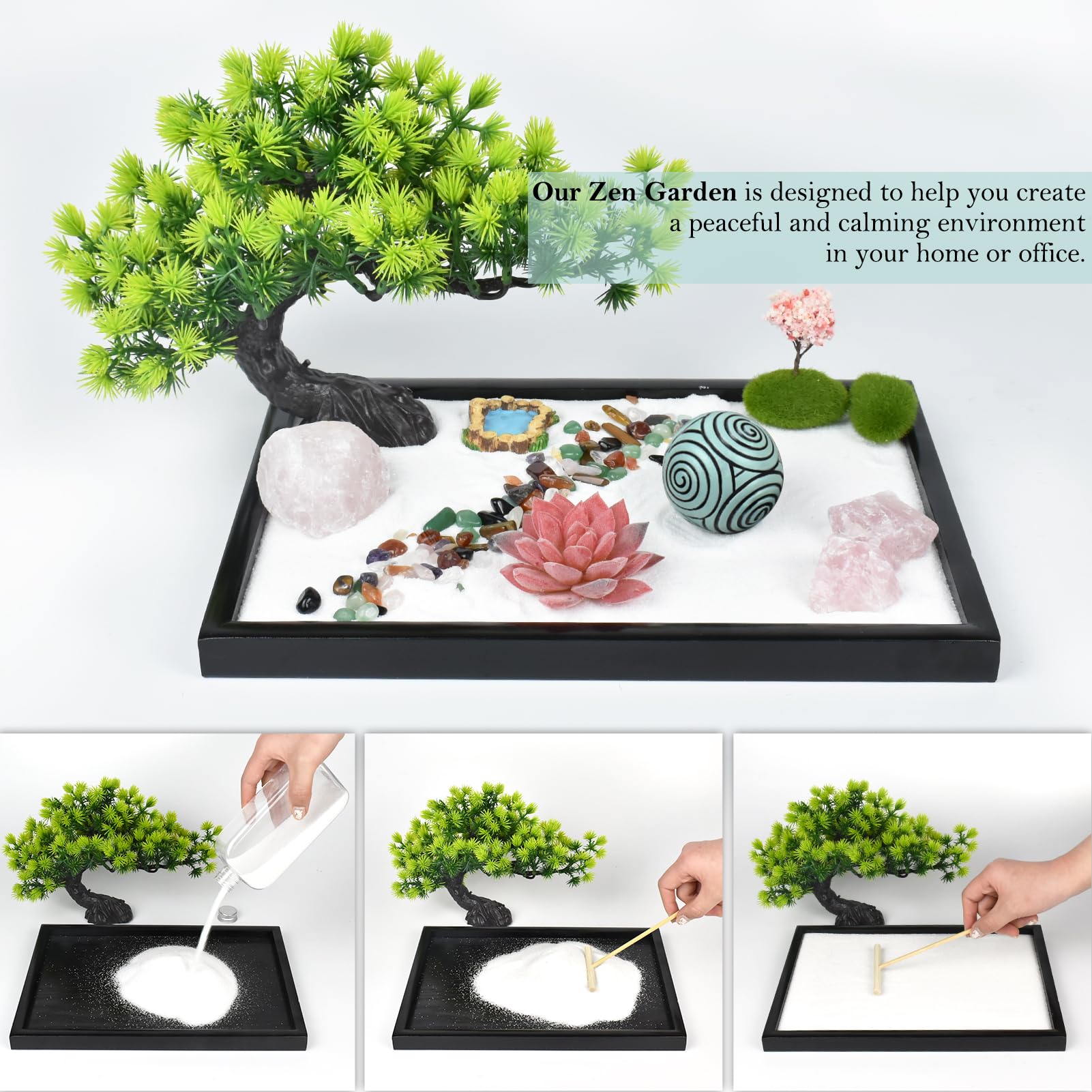 Artcome Japanese Zen Sand Garden for Desk, Home, Office Desk Accessories, Crafted Meditation Therapy Rectangle Tray - Image 3