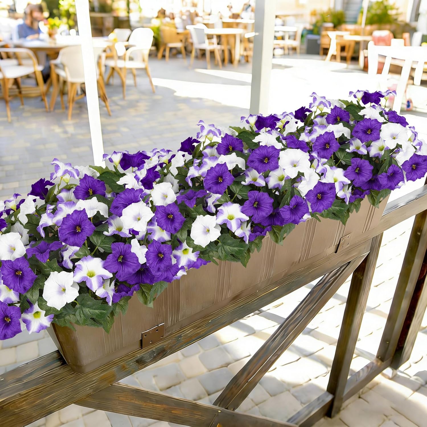 Artificial Flowers for Outdoors, Faux Petunias Spring Summer Decoration, Fake Flowers Plants UV Resistant Look Real Silk Flowers for Outside Planter Front Door Porch Patio Yard (6, Purple-White)
