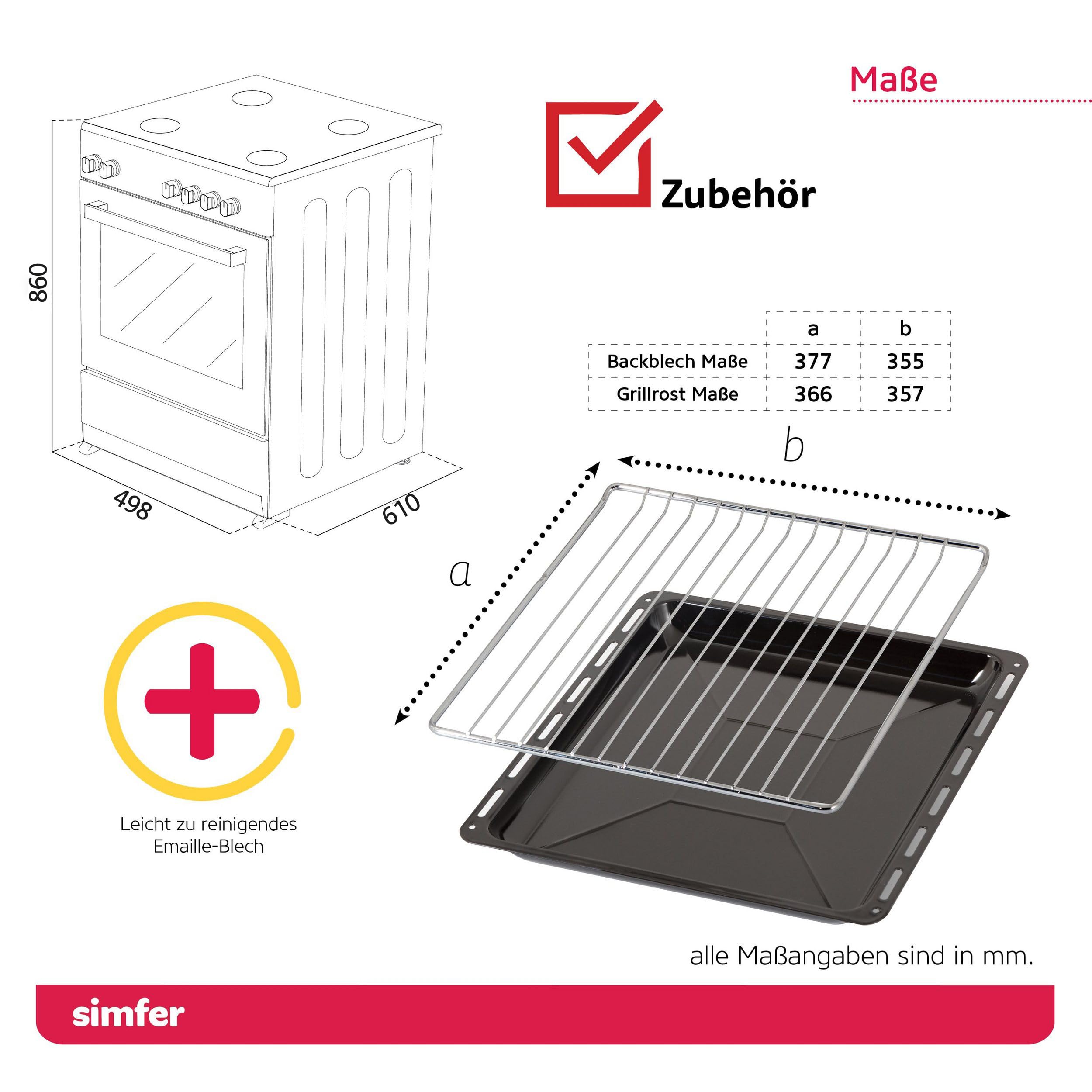 Simfer Standherd 50 cm mit Glaskeramik-Kochfeld SMF-FS 4227, 48 Liter, Elektroherd, 4 Hilight-Zonen, Grillfunktion, Backraumbeleuchtung, Backofentür, 498 x 610 x 860mm (B, T, H)