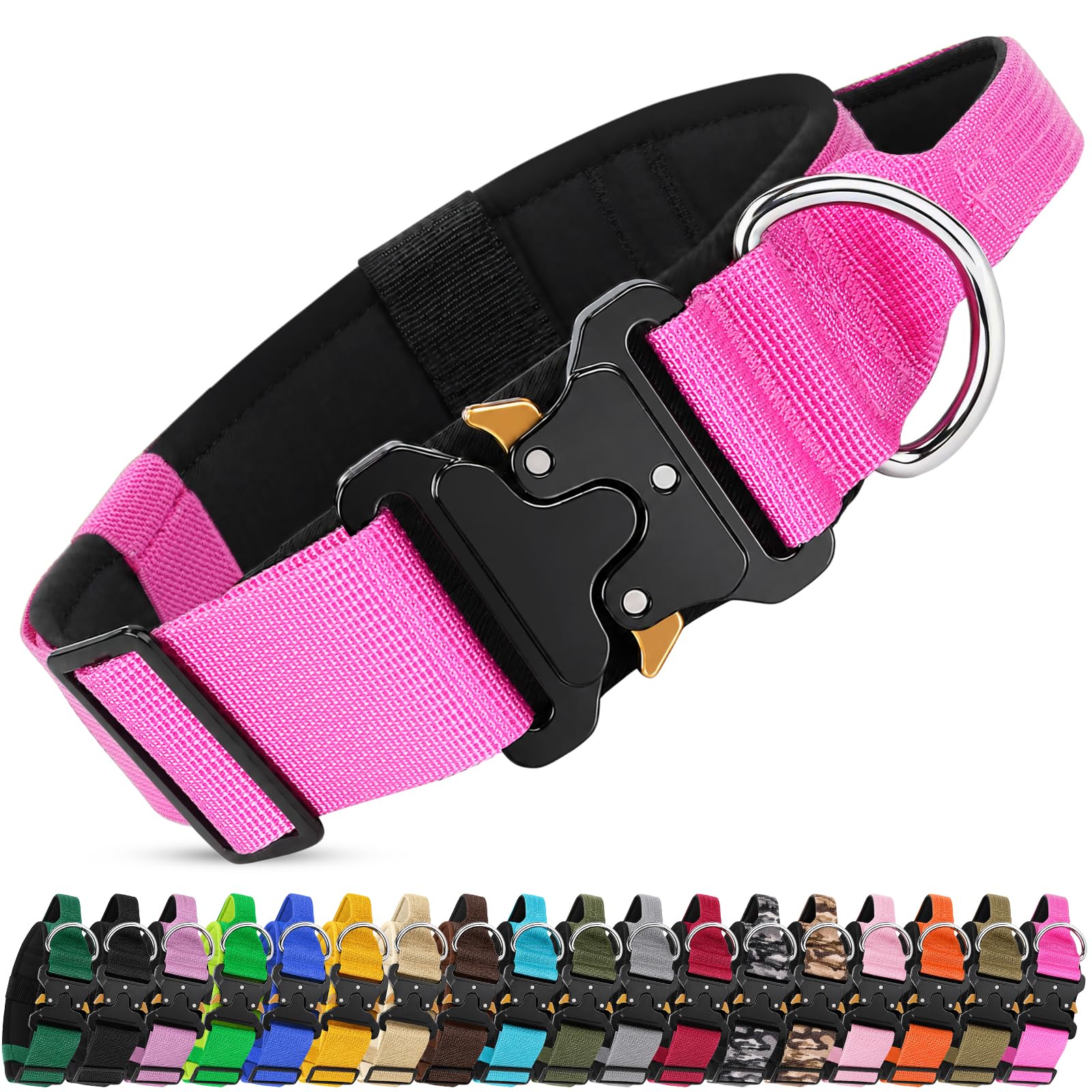 Olcyren Tactical Dog Collar, Adjustable Heavy Duty Wide Thick Dog Collar with Handle and Quick Release Metal Buckle, Soft Padded Nylon Pet Collars for Medium Large Dogs Walking Training (Rose Red, M)