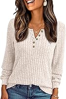 AUTOMET Women's Long Sleeve Henley Tunic Sweater Tops - Lightweight Business Casual Shirts with Stretch Fleece
