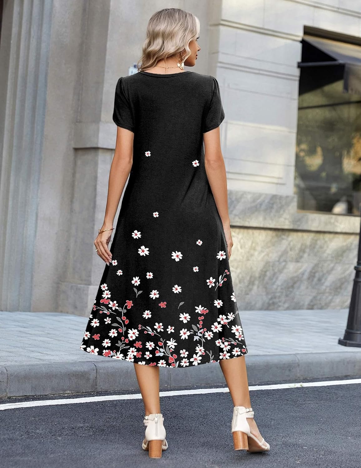 Zeagoo Womens Casual Summer Dress 2026 Petal Short Sleeve Dresses with Pleats Midi A Line Flowy Dress Boho Sundress - Image 3