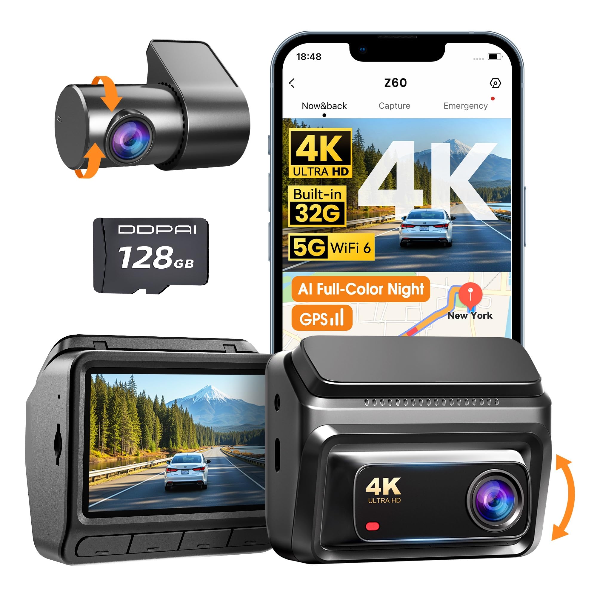 DDPAI 4K Dash Cam Front and Rear, Built-in 32G eMMC Dual Dash Camera for Cars, 128GB Card Included Dashcam,GPS, Night Vision,5G WiFi, 7-Days Parking