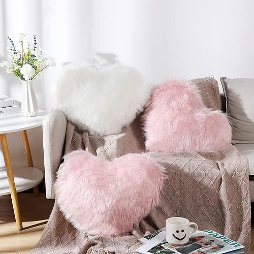 Miniatura 3 de Enhon 2 almohadas esponjosas de corazón de piel sintética en forma de corazón, almohadas de felpa suaves de 20 x 15.7 pulgadas, almohadas con