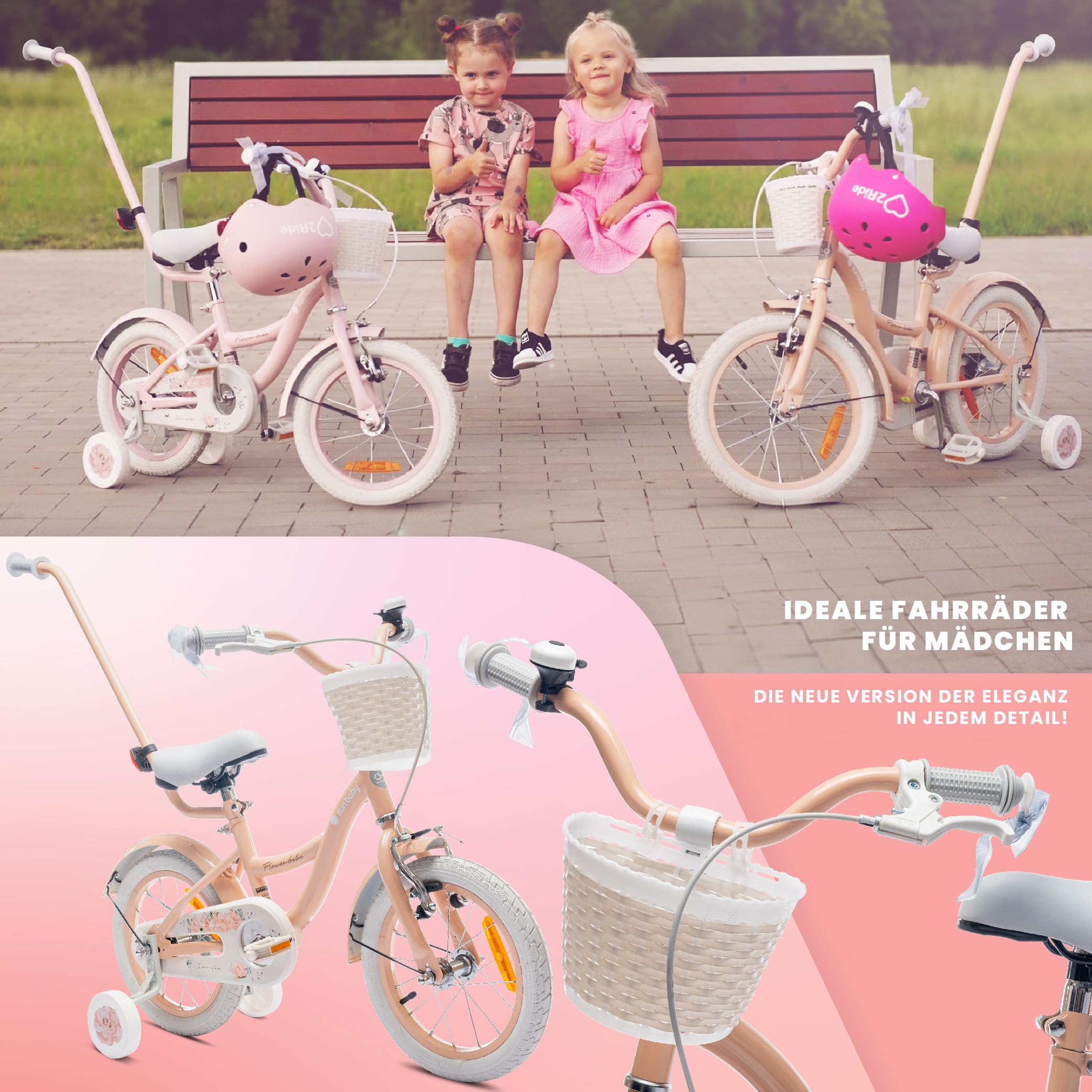 sun baby Flower Bike Kinderfahrrad Mädchen 12/14/16 Zoll, mit Stützrädern, Abnehmbarer Schubstange, Korb, Klingel, Rücktrittbremse & V-Brake, für Kinder ab 2 Jahre