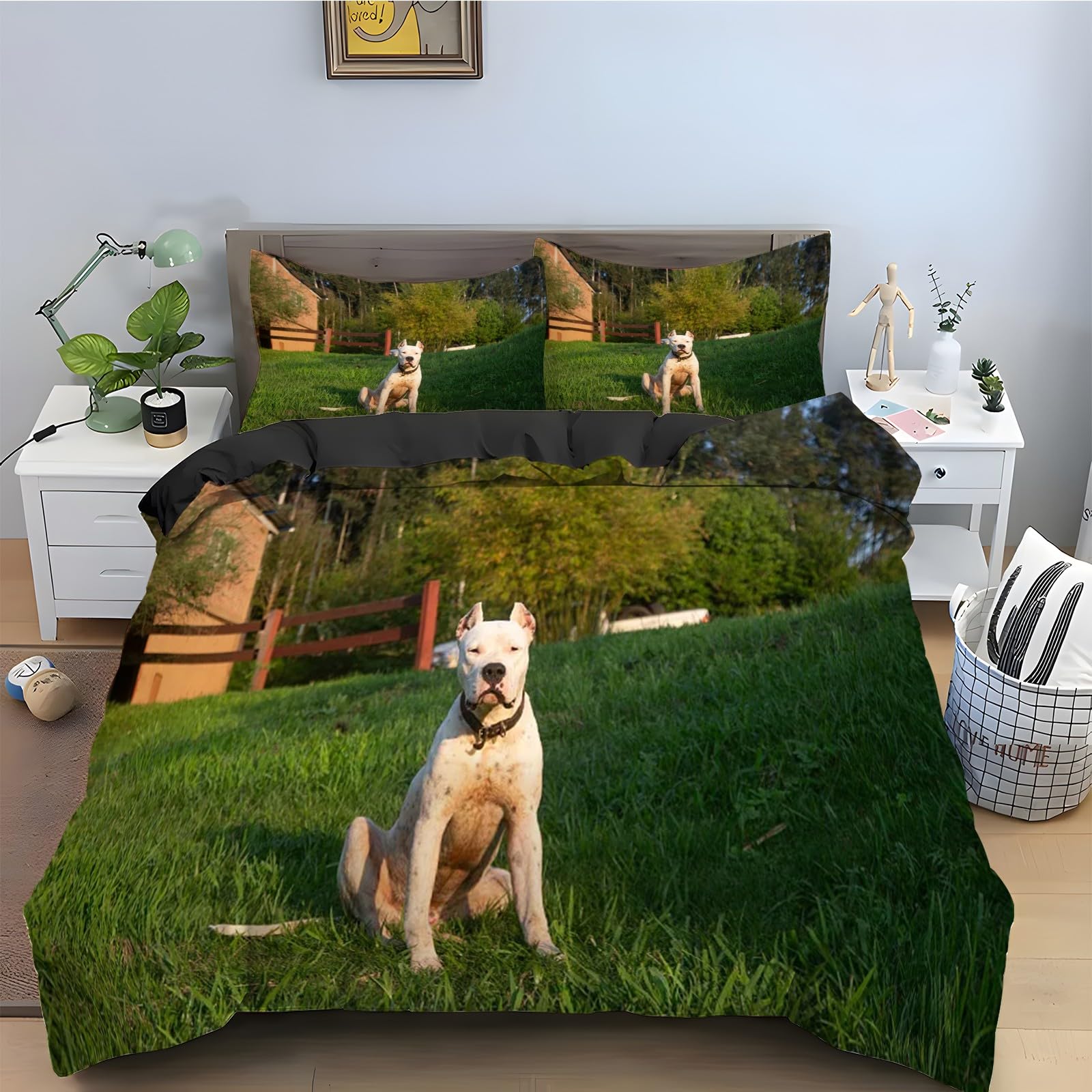 Housse de Couette 240 x 260 Dogue Argentin Parure de Lit 3 Pièces
