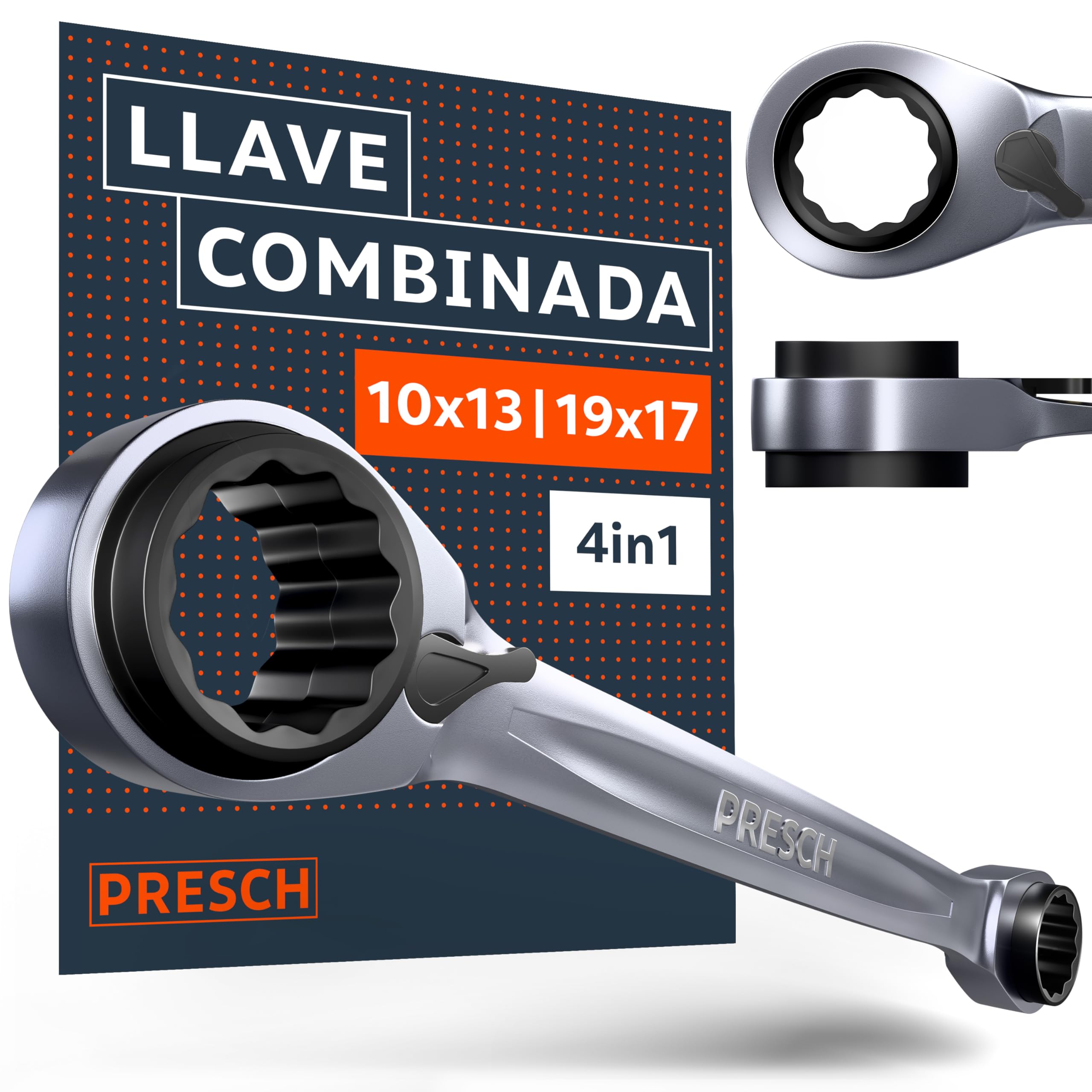 PRESCH 4-in-1 double ratchet wrench (10/13 mm and 19/17 mm) - reversible function - with 90 teeth and 4° reverse angle - 4 sizes in one ratchet wrench - extremely durable