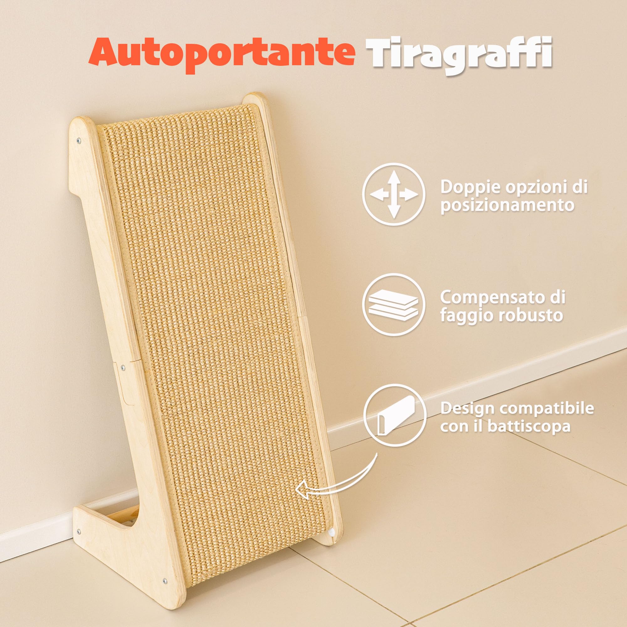 PETKARAY Tiragraffi per Gatti a Forma di L, 64 cm, Palo da Grattare in Sisal Naturale, Montaggio a Muro o a Terra, Protezione dei Mobili con Erba Gatta, Design Classico