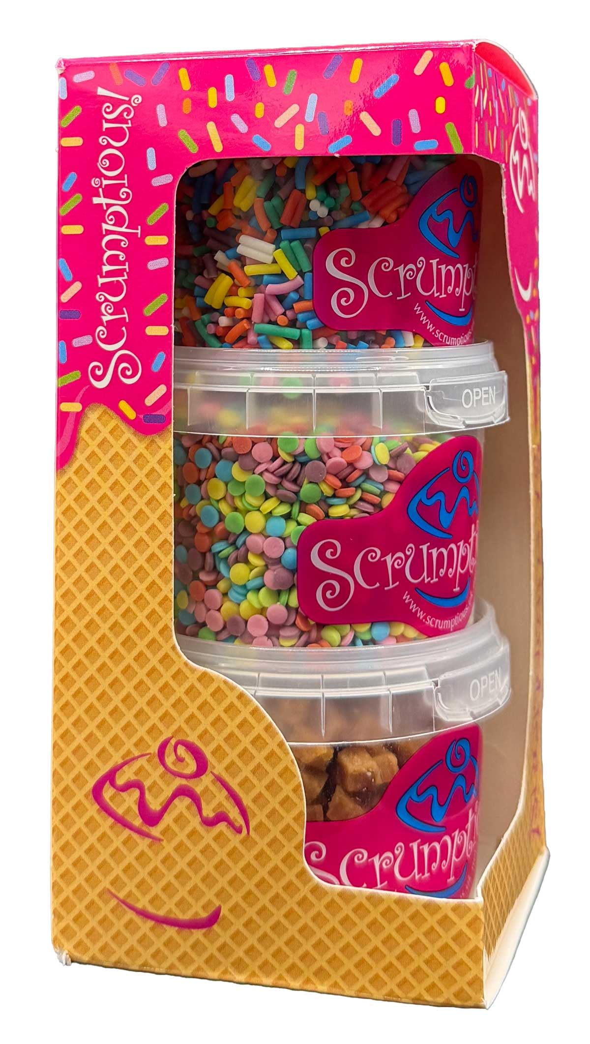 Scrumptious! - Trio - Bakestable Edible Cake Topper Sprinkles Cupcake Decorations - 1x80g Vanilla Fudge, 1x80g Matt Rainbow Strands, 1x70g Matt Rainbow Confetti in a Box