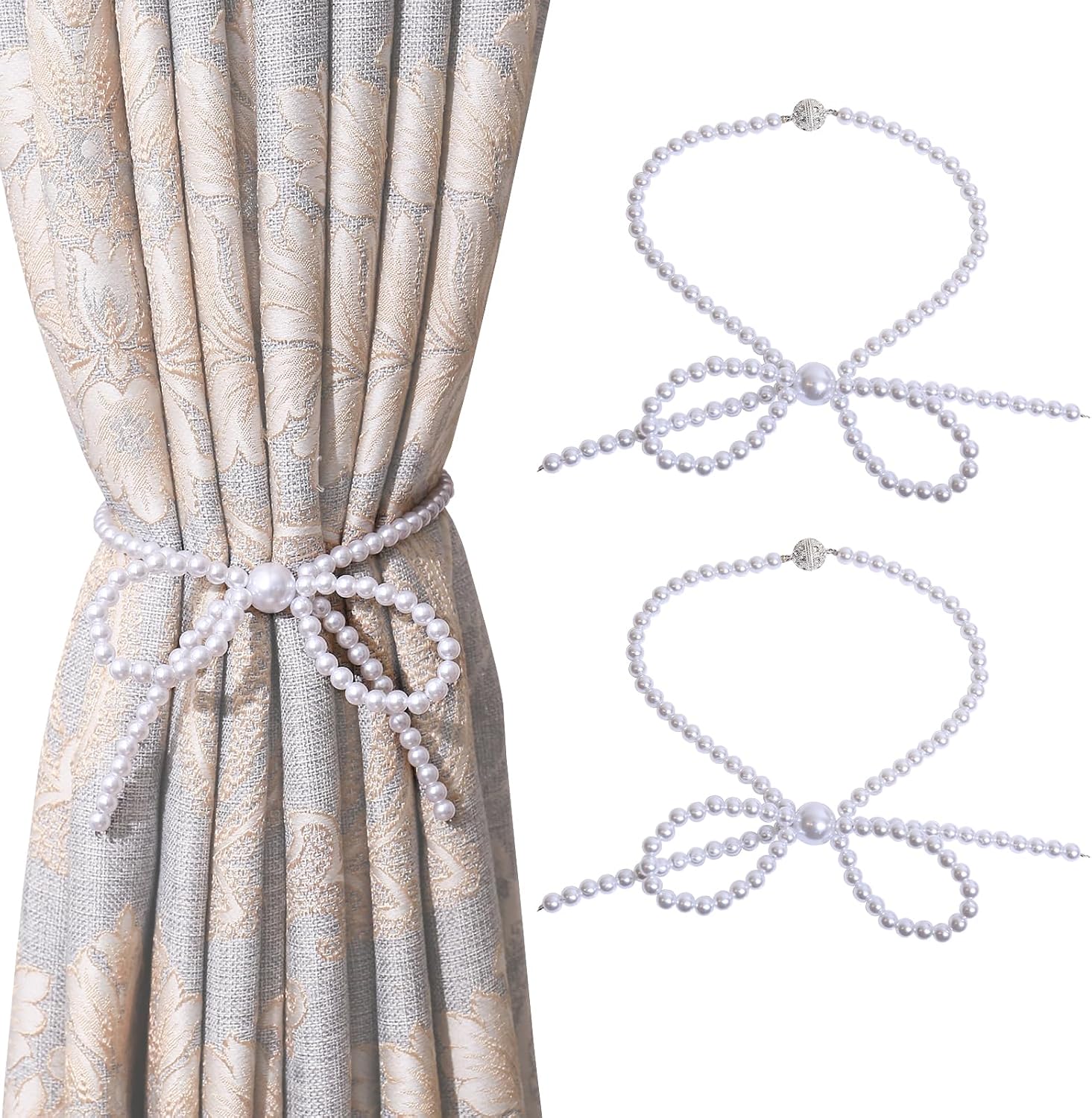 Pearl Curtain Tiebacks Magnetic,Magnet Tieback for Curtain 2 Pack,Curtains Ties Backs,Curtain Holderbacks for Boho Bedroom Decor, Baby Nursery Decor, Farmhouse Decor (Bow Curtain Tie Backs 2pcs)