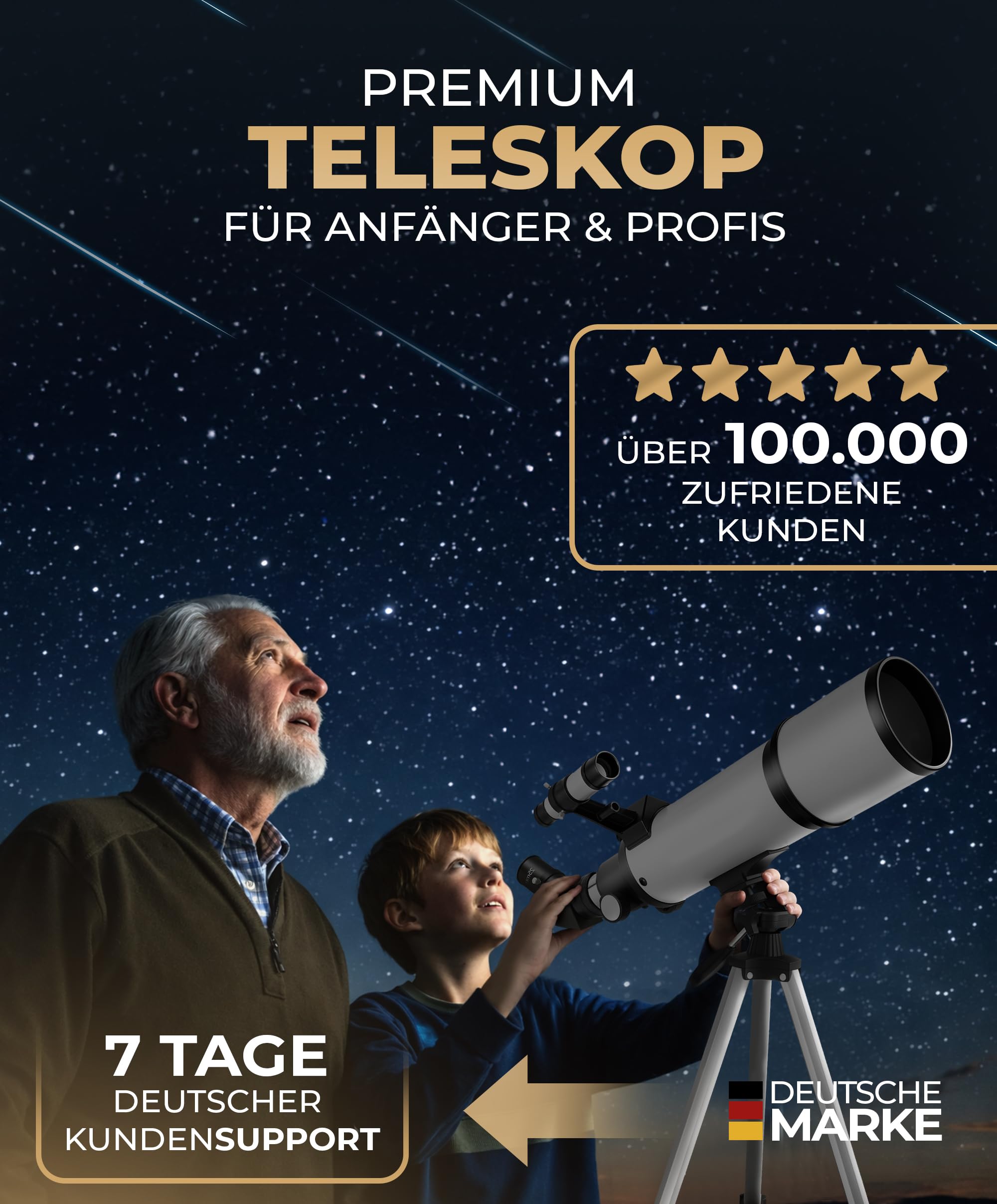 Teleskop 80600 – Refraktor-Fernrohr, 800 mm Brennweite, 60 mm Öffnung mit 3 Okularen + 3× Barlow-Linse, Sucherfernrohr, Stativ & Handy-Adapter – für Erwachsene & Einsteiger