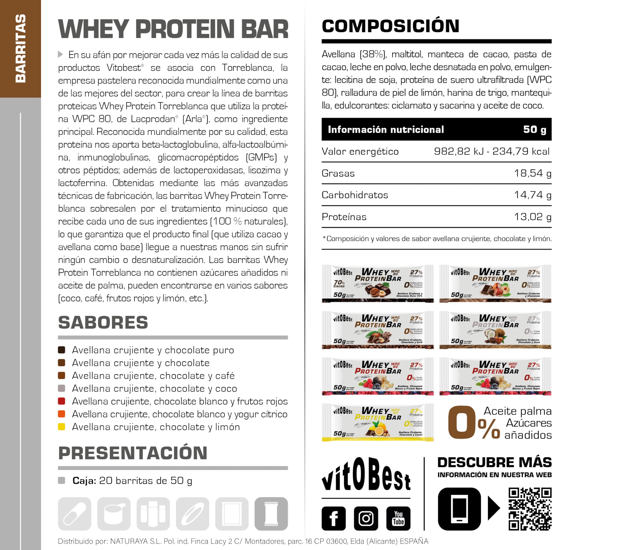 VITOBEST | Barritas Whey Protein Bar (by Torreblanca) | Contribuye a aumentar y conservar la masa muscula. Proteína WPC 80 | Sabor Avellana, Chocolate con leche - 20 barritas x (50 g)