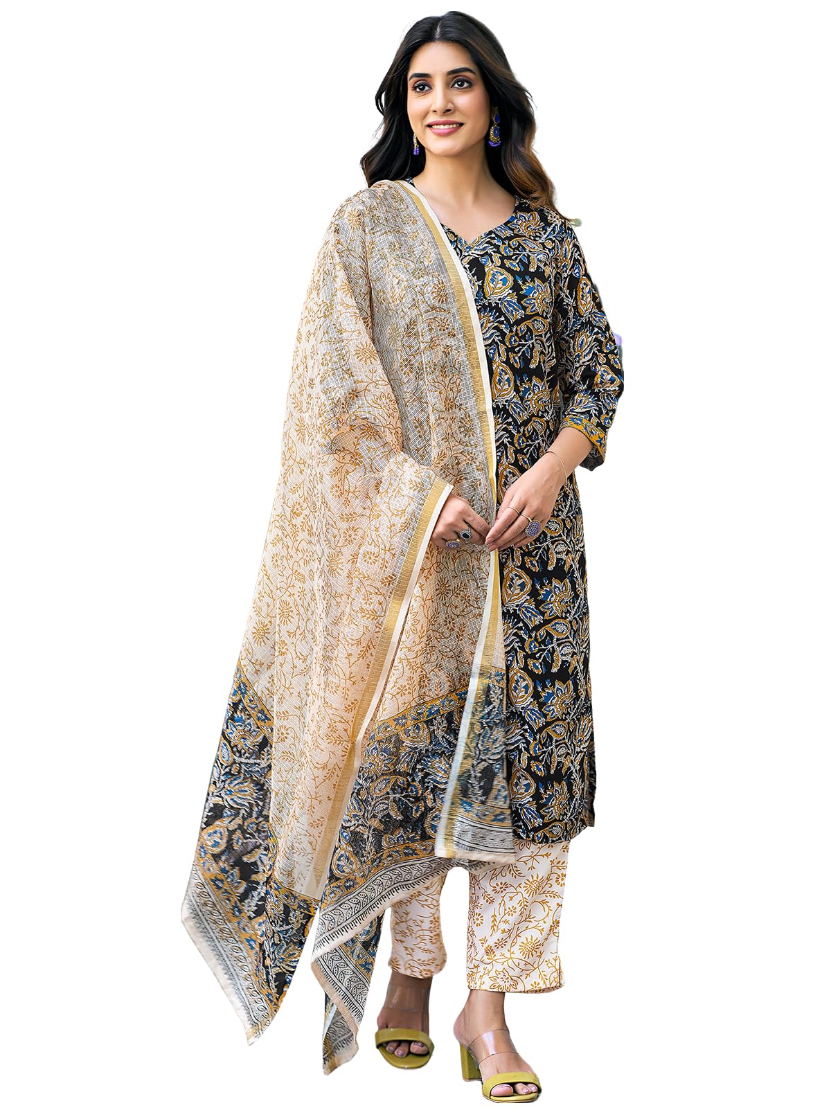 Sanisa Women's Rayon Blend Floral Printed Straight Kurta With Pant And Dupatta (129Kbd1393N-L_Black & Multi3)