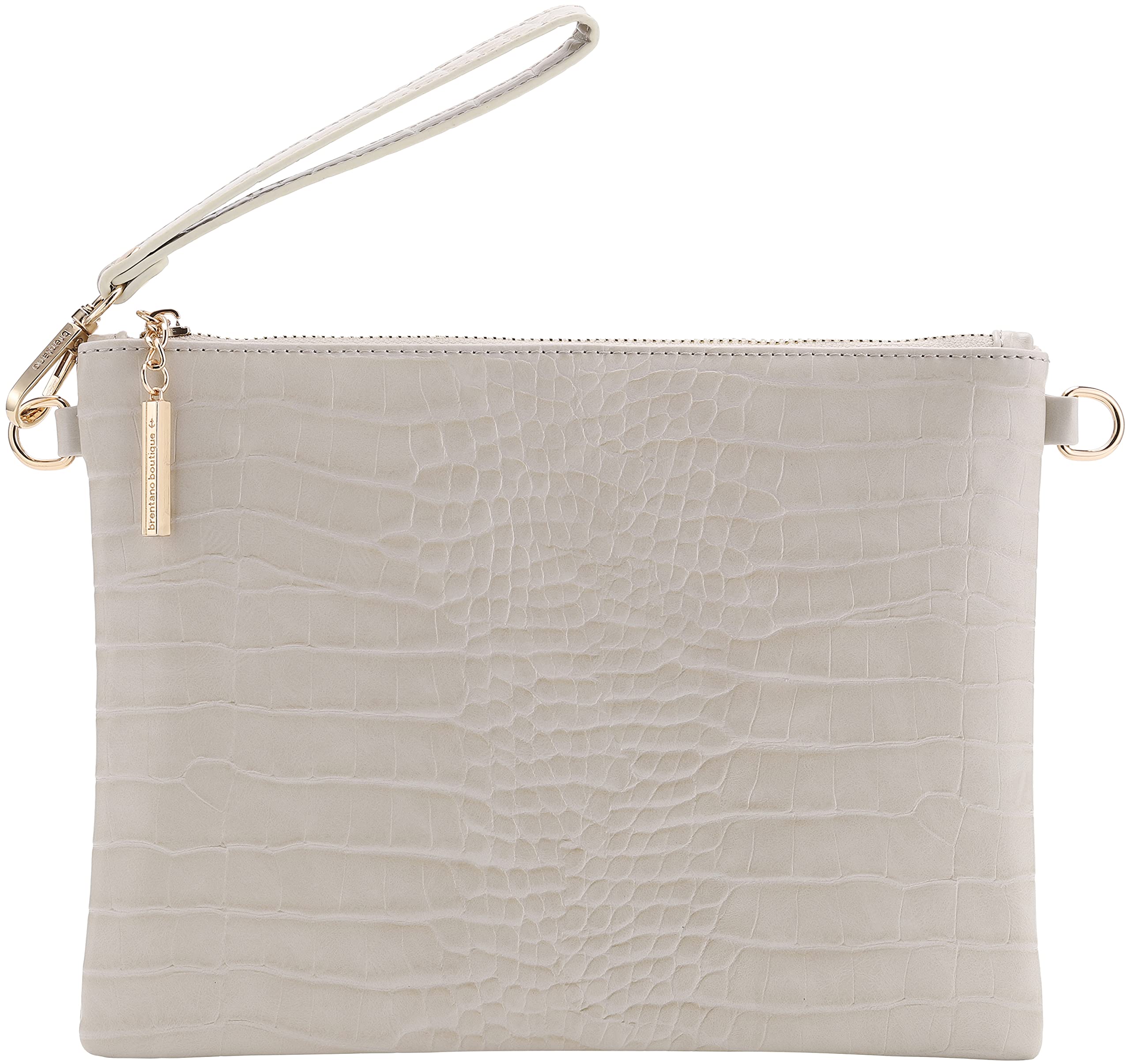 B BRENTANO Vegan Clutch Bag Pouch with removable wristlet and two size metal chain (CROCO BEIGE)