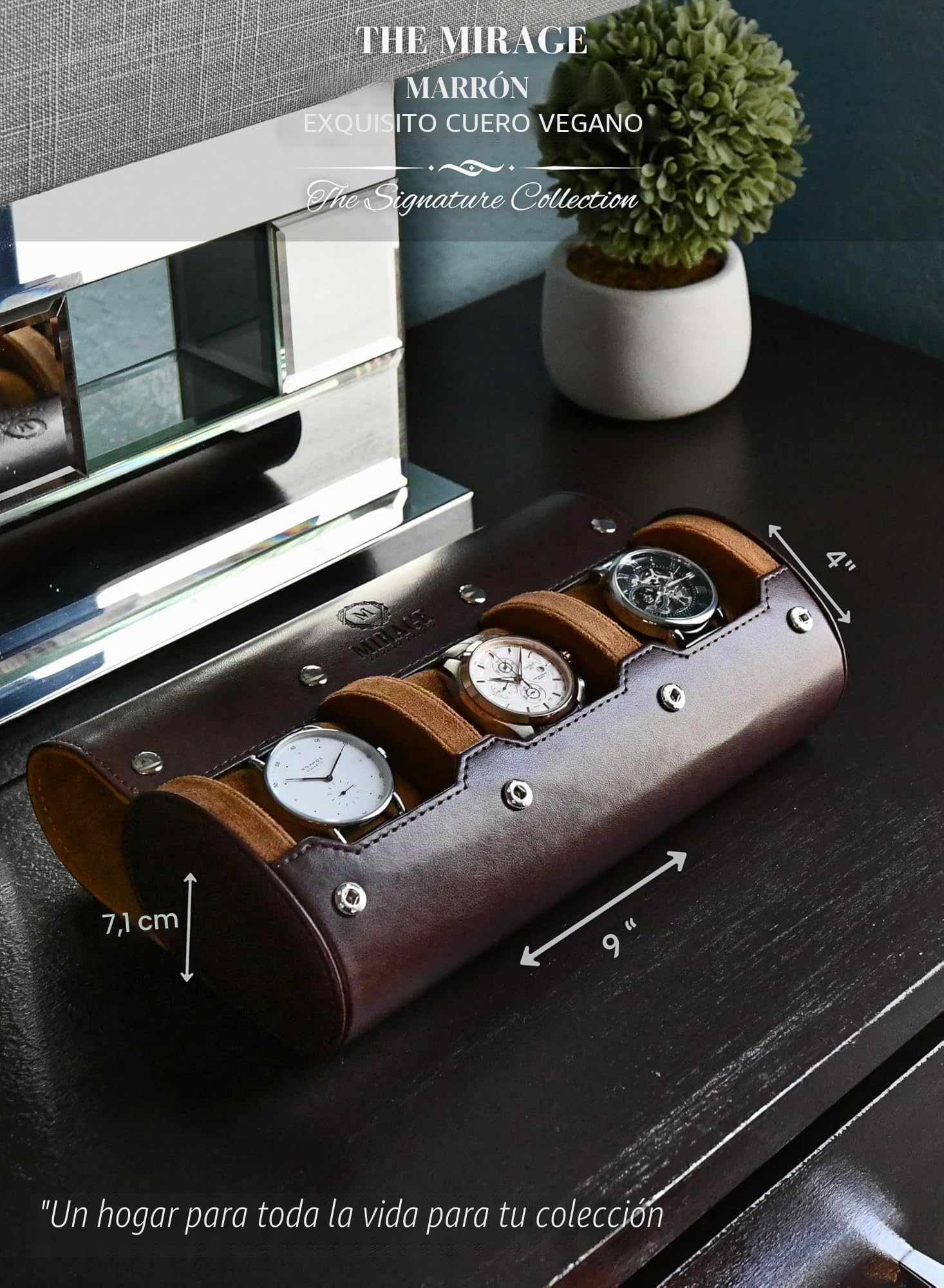 Estuche de viaje para relojes de hombre, enrollable, organizador y expositor, piel vegana marrón (Swiss Espresso).