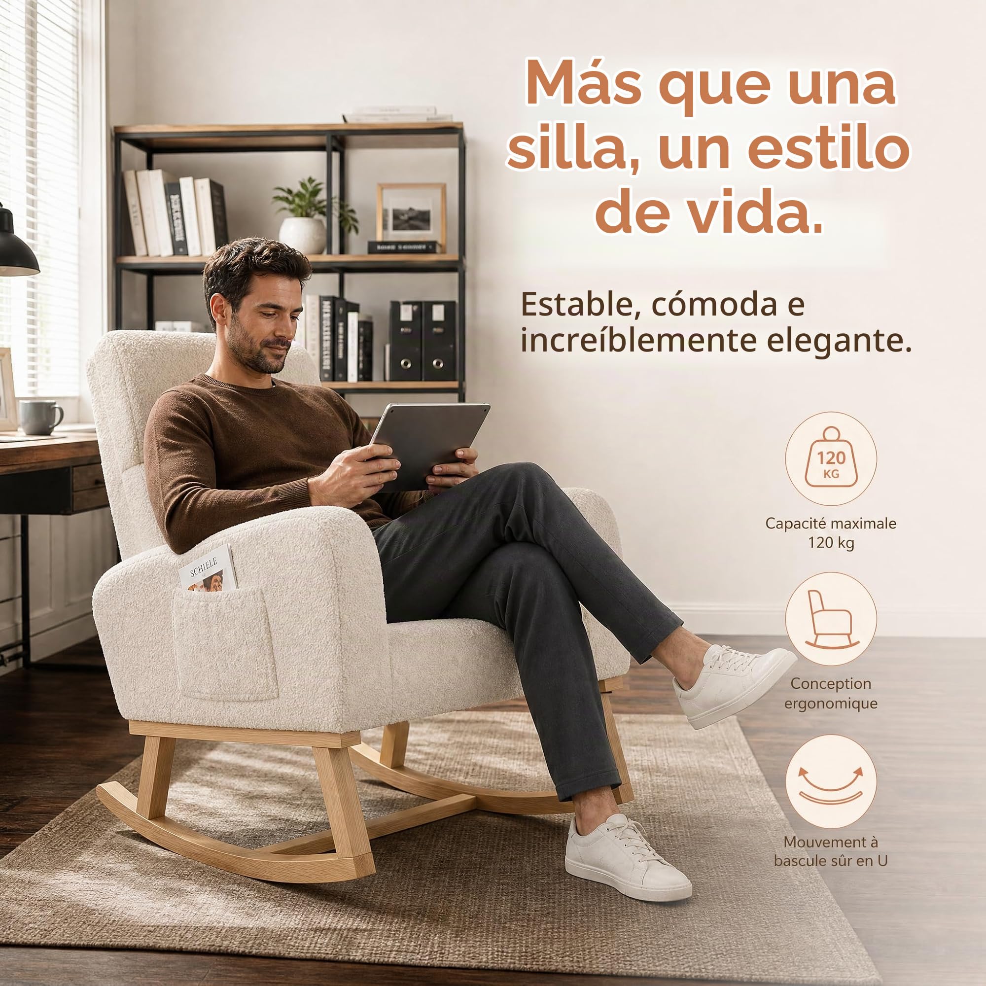 Mecedora, Mecedora con Bolsillos Laterales, Patas de Madera Maciza, sillón, Ideal para el salón y el Dormitorio (Beige)