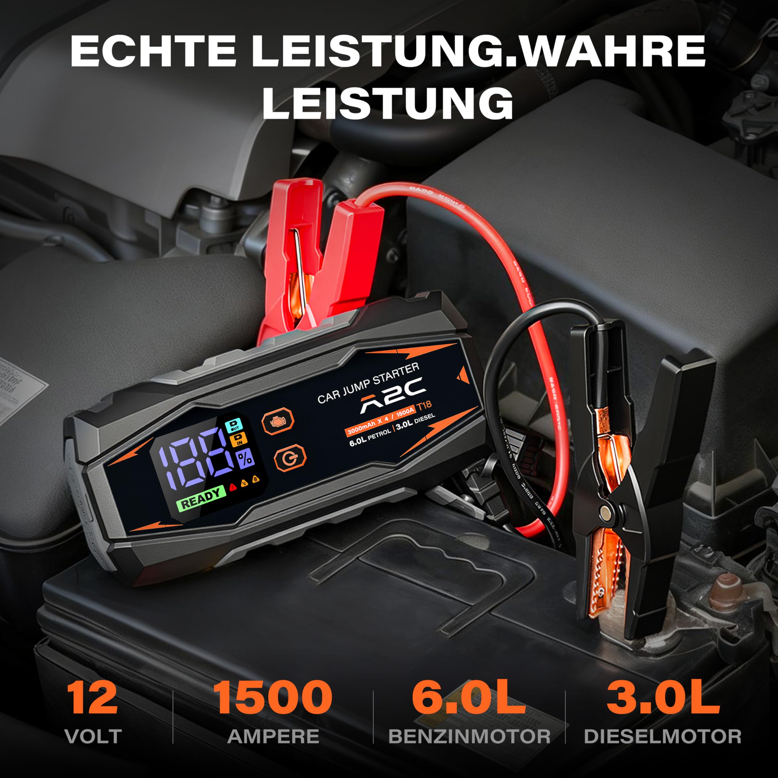 A2C Starthilfe Powerbank, 12V starthilfe powerbank für pkw(bis zu 6L Benzin/3L Diesel), 16800mAh Power Bank(PD/QC 3.0) mit 3 USB, Auto starthilfe mit Starthilfekabel, Mit LED-Anzeige und Licht | 3 USB-C-Anschlüsse, Schnellladung PD/QC 3.0, LED-Display, in