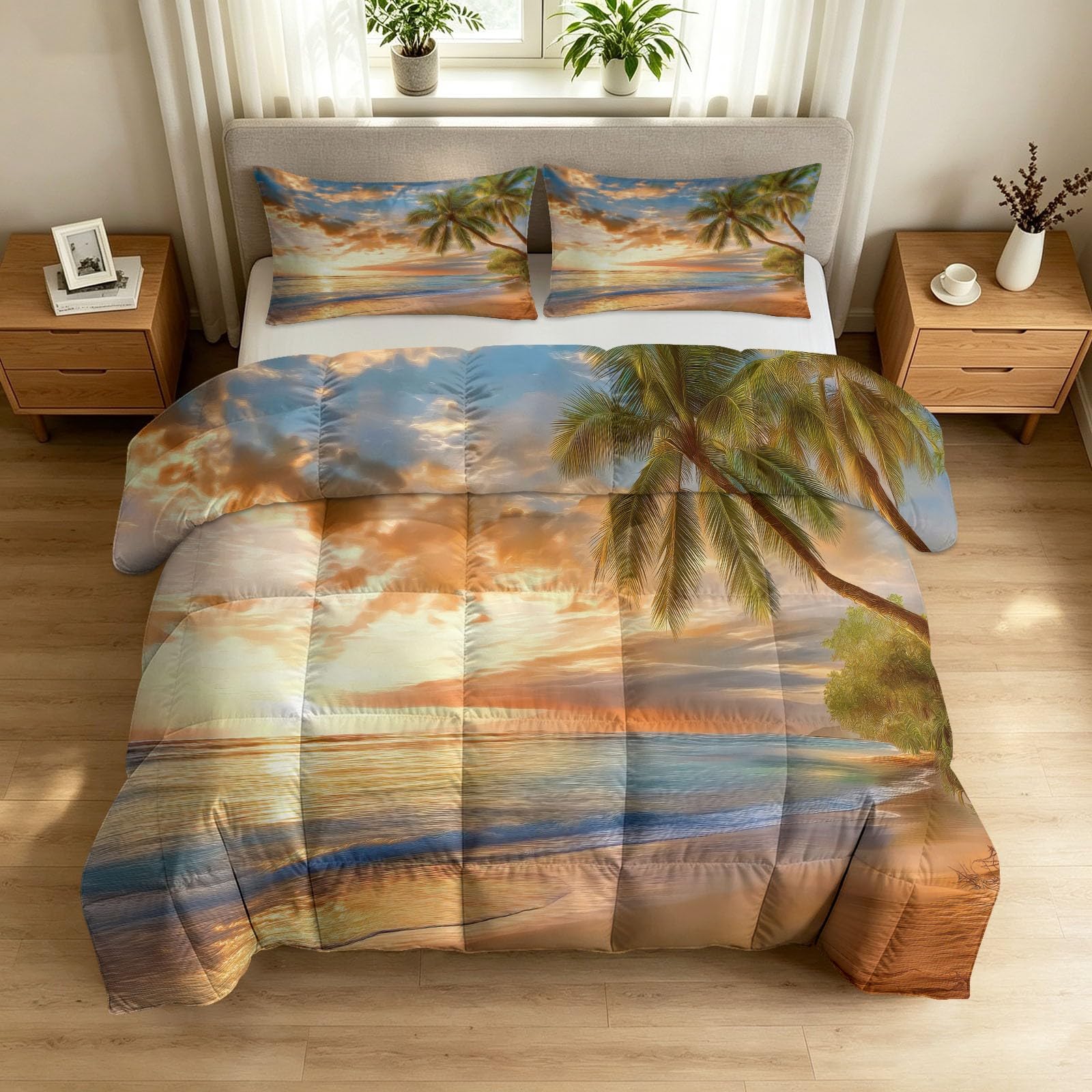 Générique Isola Acquerello Crepuscolo Piumone Spiaggia Tramonto Palme Trapunta Senza Fodera 140 x 200 cm 4 Stagioni Cooling, Trapuntato Morbido, Lavabile con 2 federe