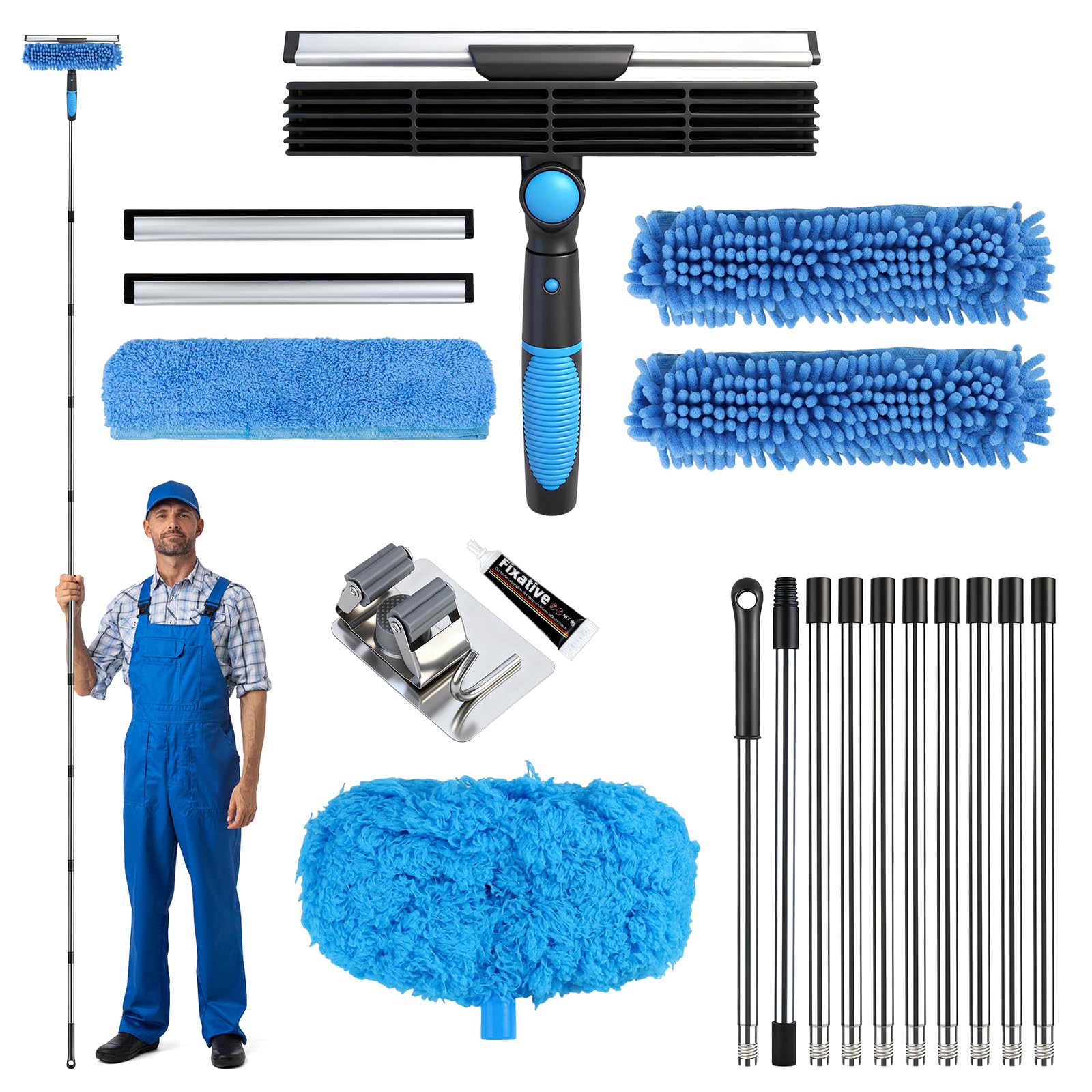 Limpiacristales con Mango Extensible 4.3 M, Limpiador de Ventanas 4 en 1 Limpia Cristales Ventanas, Kit Limpiacristales Telescopico Profesional con Escobilla de Silicona & Paños de Microfibra
