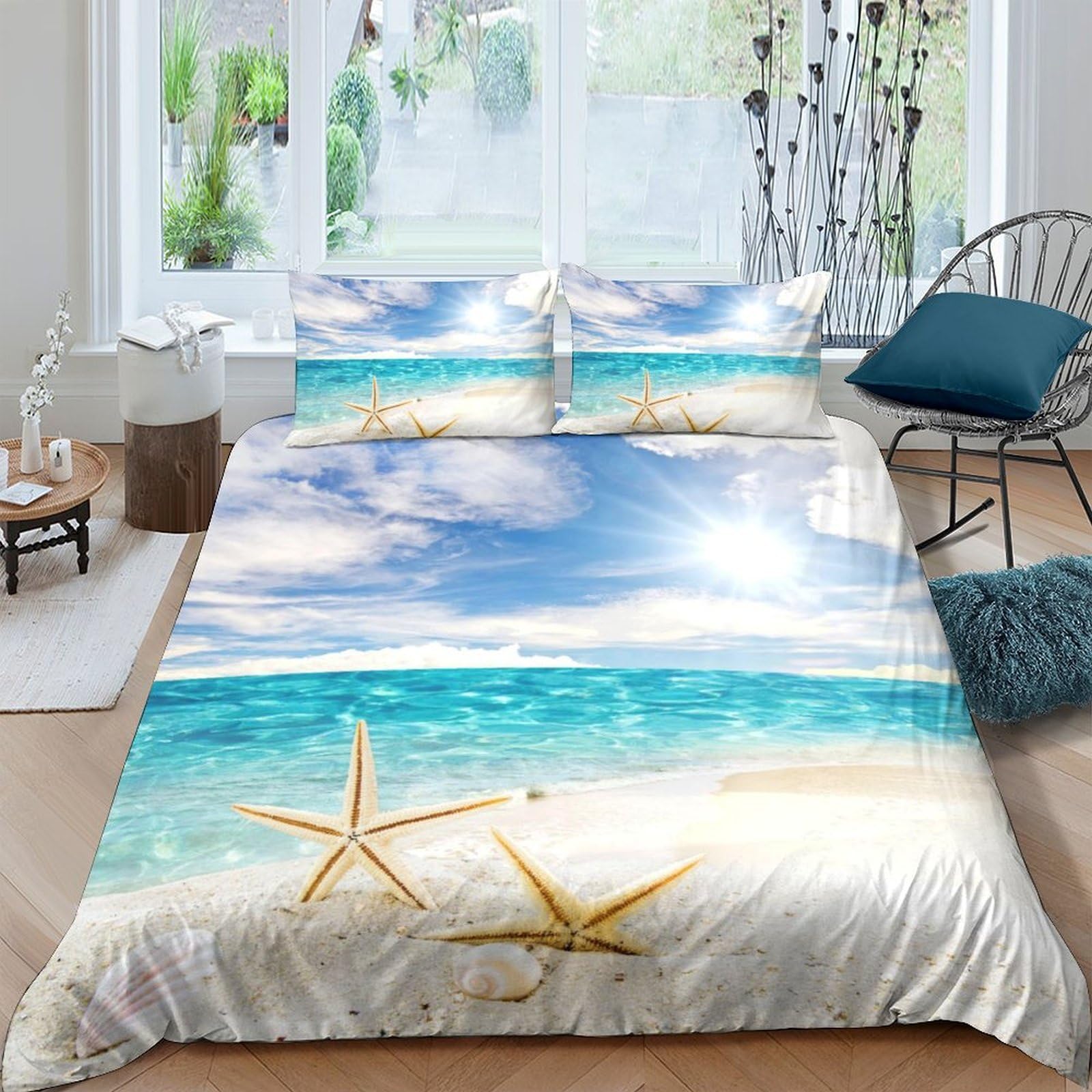Ctjqhvkz Style-2 3D Printed Beach Ocean Fitted Sheet Microfiber Soft Starfish Sky Mattress Cover For Bedroom Guest Room Dorm Easy Care Single（135X200cm）