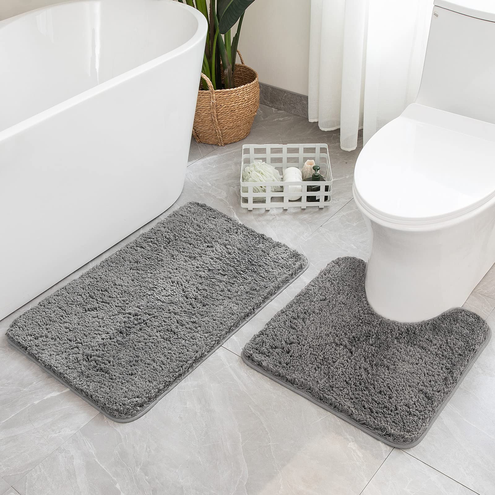 MIULEE Microfiber Bathroom Rugs and Mats Sets 2 Pieces Extra Thick Non Slip Bath Mat and U-Shaped Contour Toilet Rug for Bath Room Floor Restroom, 20"