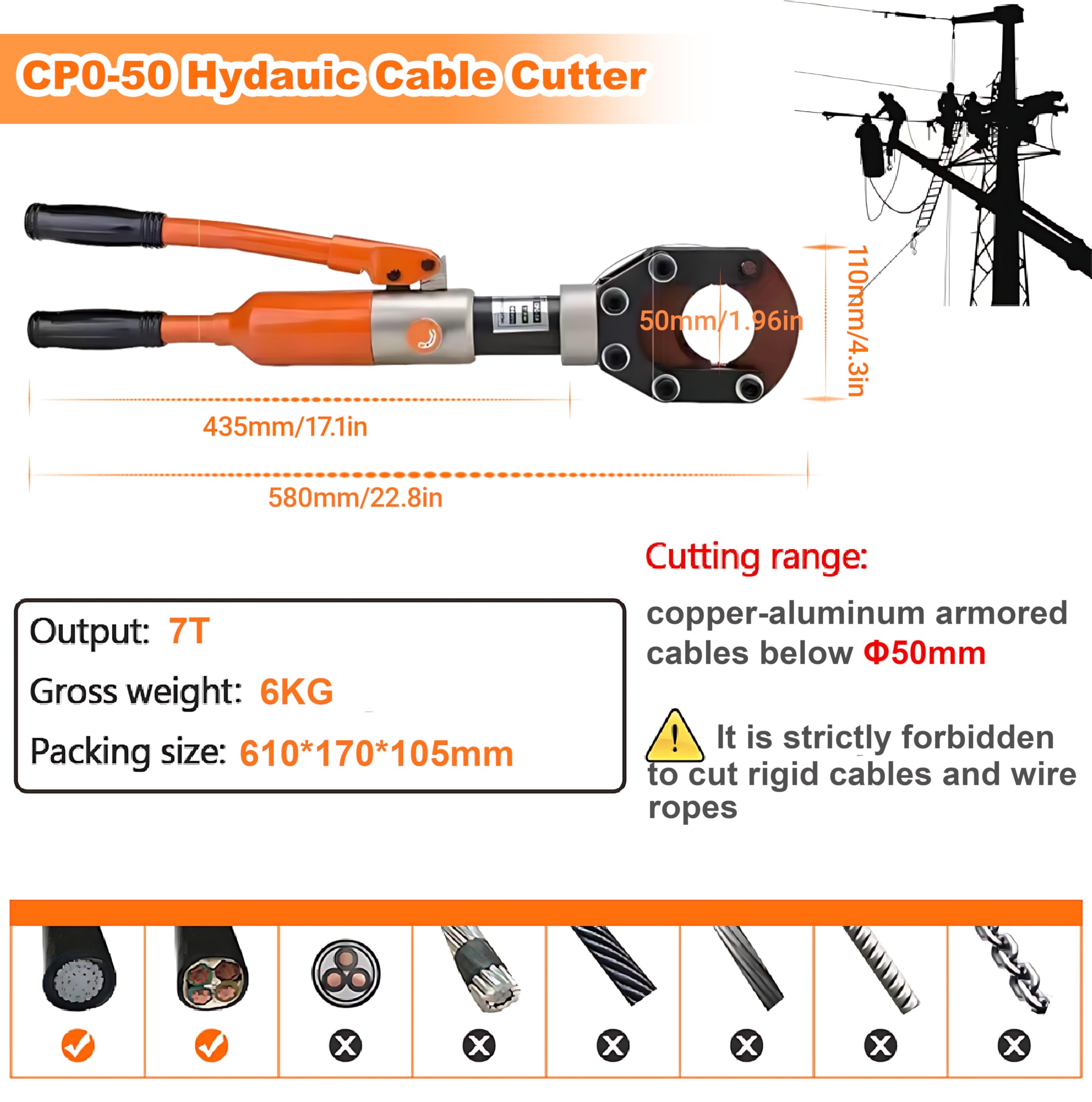 Cortacables de alta resistencia, cortador de cables hidráulico con válvula de seguridad para cortar cables de cobre, aluminio y blindados, ideal para profesionales y proyectos de bricolaje