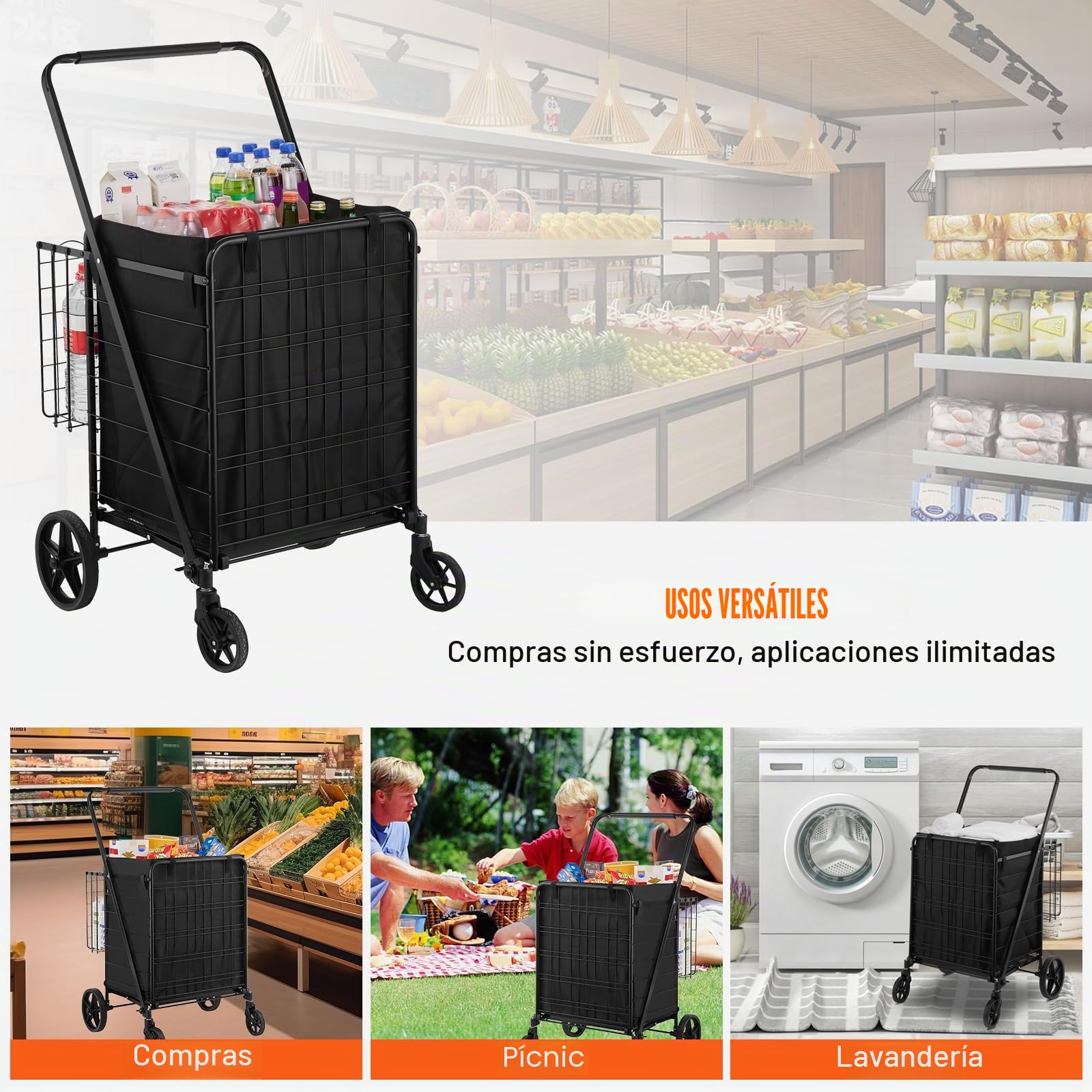 VEVOR Carro de Compra Plegable Carga de 150,5kg con 4 Ruedas Más de 85L Carro de Supermercado con 2 Cestas Carro de Compra de Hierro con Forro Impermeable Carro Multiusos Resistente para Ir de Compras
