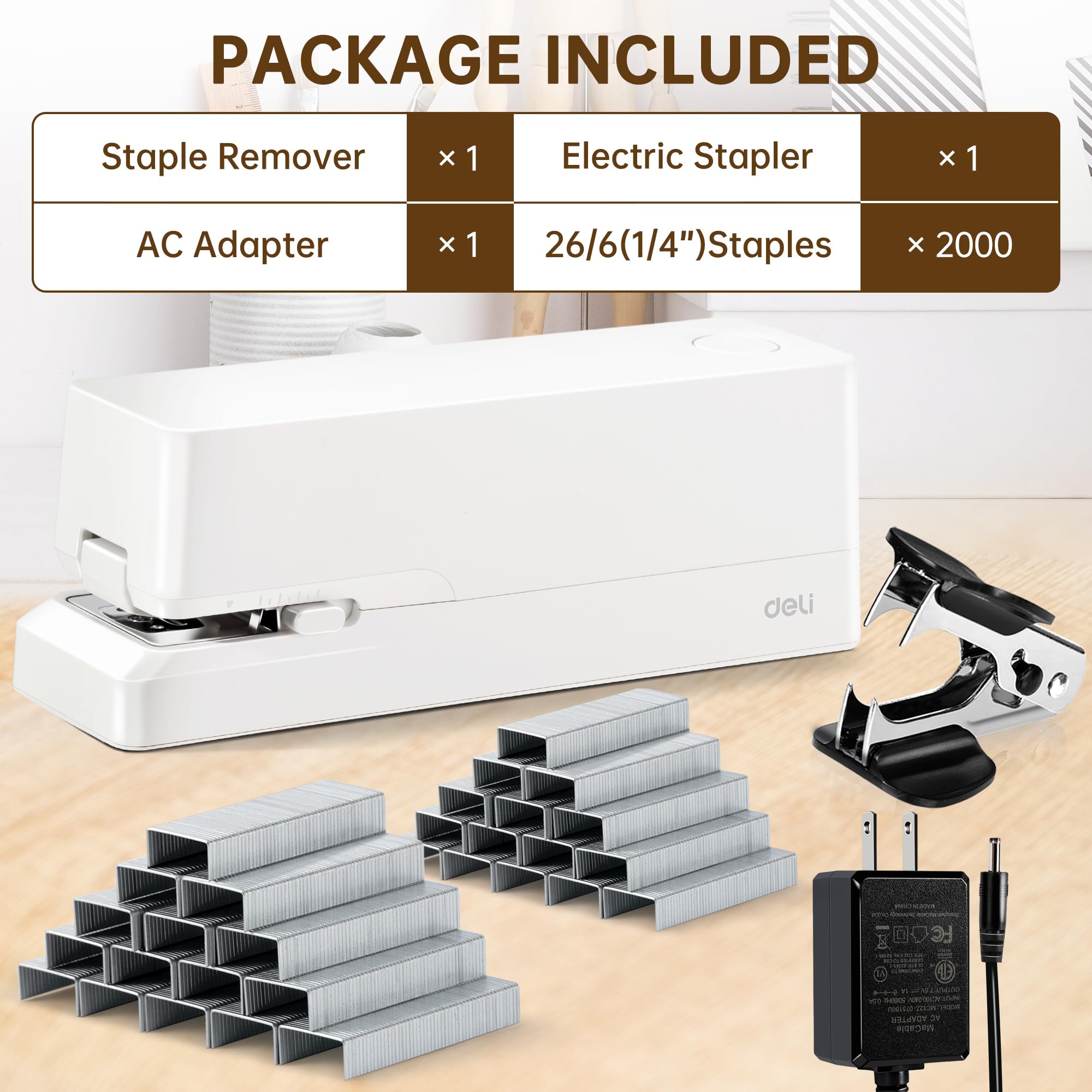 Deli Agrafeuse électrique automatique pour bureau avec 2 000 agrafes et ôte-agrafes, capacité de 25 feuilles, sans bourrage, agrafeuse alimentée par AC ou à piles pour bureau, maison, école, blanc