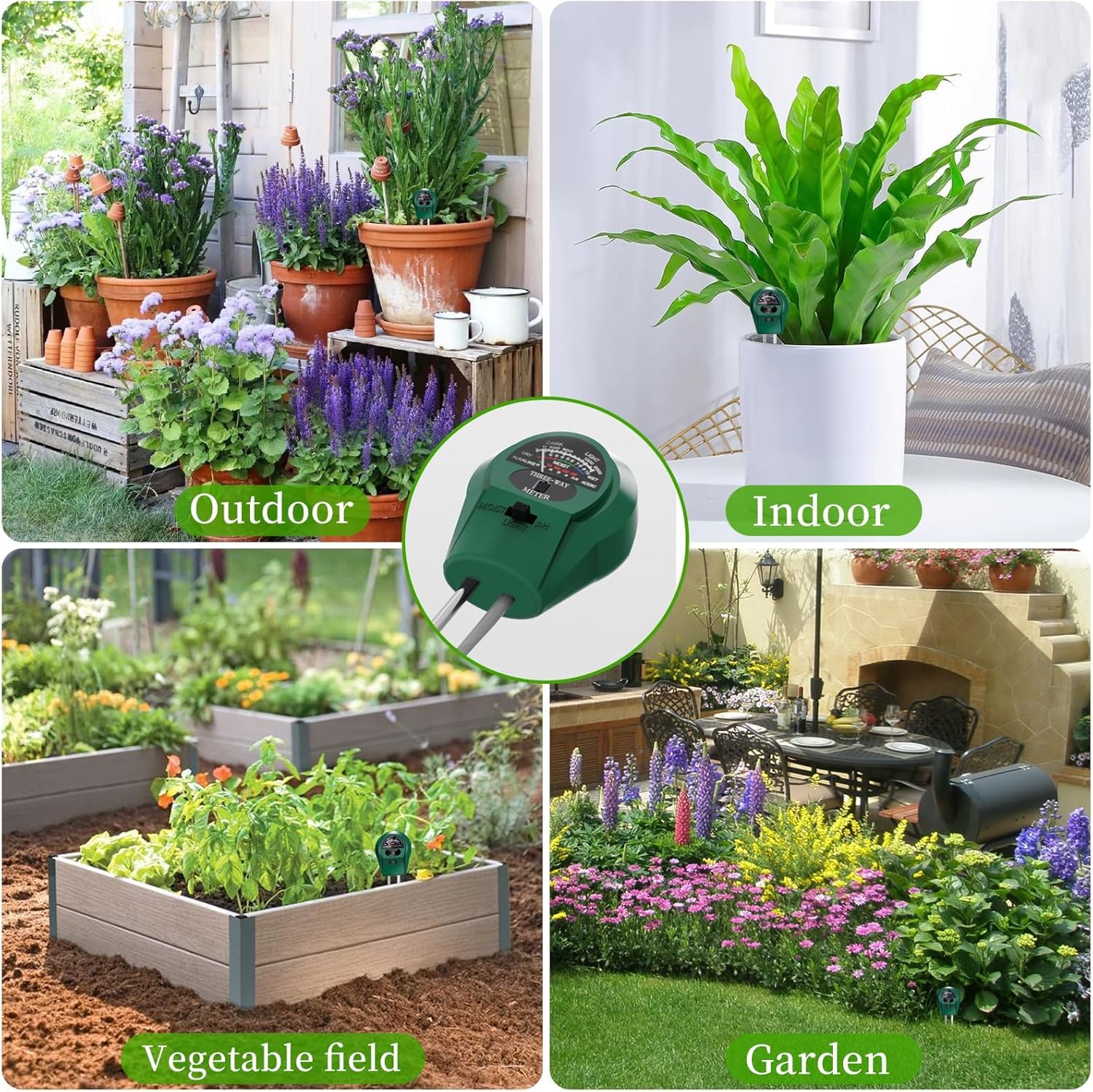 3 en 1 Medidor Humedad Plantas, Medidor PH Tierra, Medidor de Humedad/Luz/PH del Suelo, Medidor de PH de Suelo, Doble Sonda Higrómetro de Suelo, para Plantas de Interior&Exterior,No Necesita Pilas