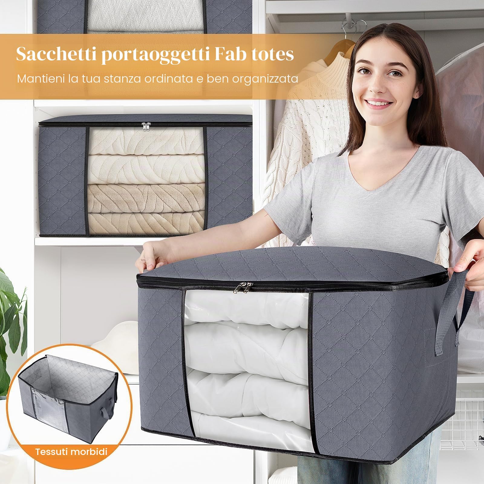 Fab totes Confezione da 6 contenitori per vestiti, pieghevoli, in tessuto spesso, per organizzare camera da letto, armadio, vestiti, piumone, organizzazione e conservazione con manico, grigio