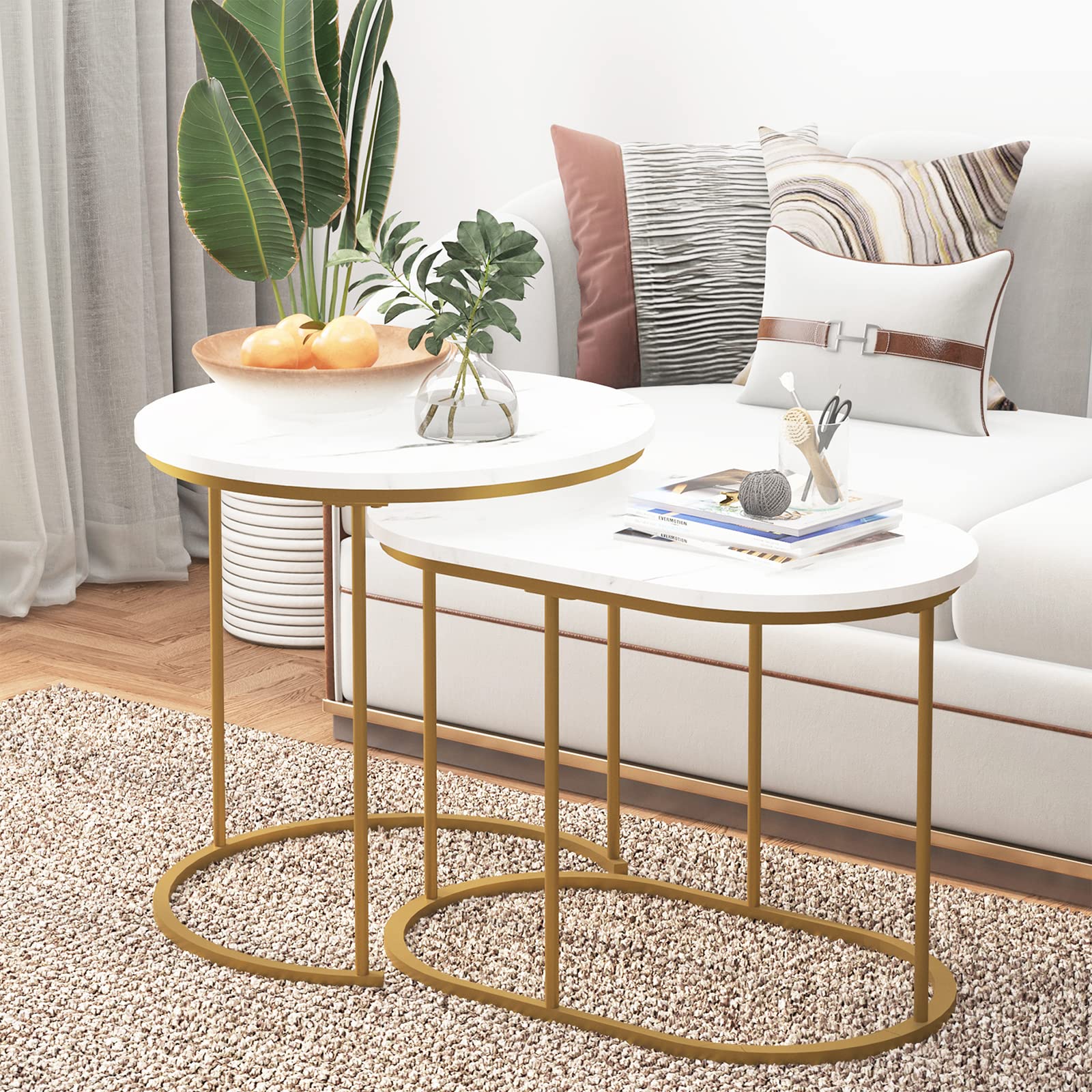 soges Lot de 2 Tables Basse Gigogne Ronde Petite Table d’Appoint Bout de Canapé Table de Chevet pour Salon Entrée Chambre à Coucher, Blanc