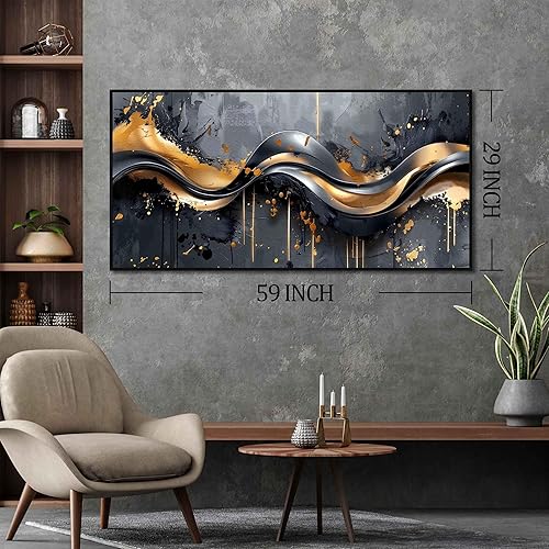 Miniatura 6 de Elegante arte de pared negro y dorado de 29 x 59 pulgadas, lienzo para decoración de oficina, sala de estar, elegante obra de arte grande para