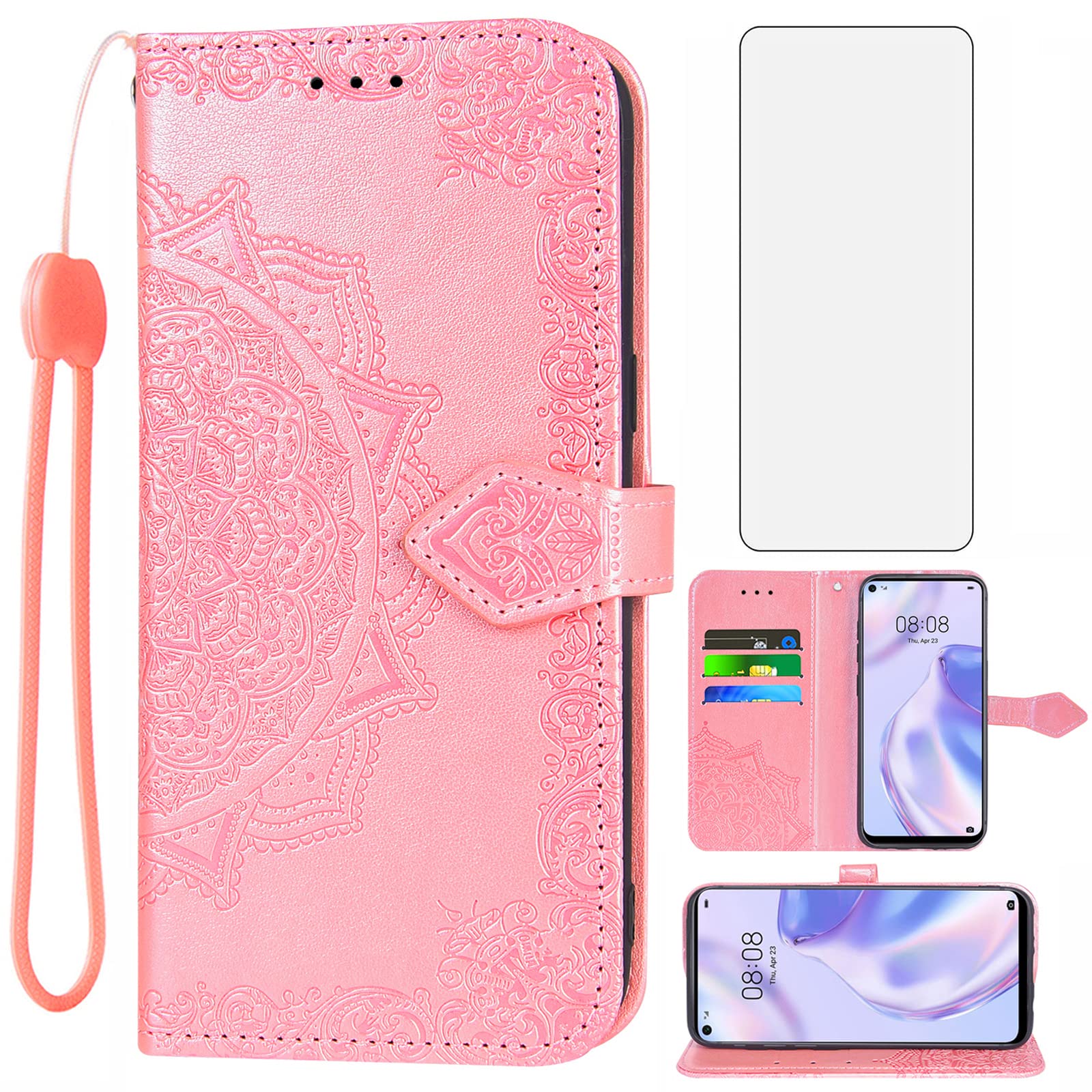 Compatible with Huawei P40 Lite 5G Wallet Case and Tempered Glass Screen Protector Flip Credit Card Holder Cell Accessories Phone Cover for Hawaii Nova 7 SE 5G P40Lite P 40 40Lite G5 Women Rose Gold