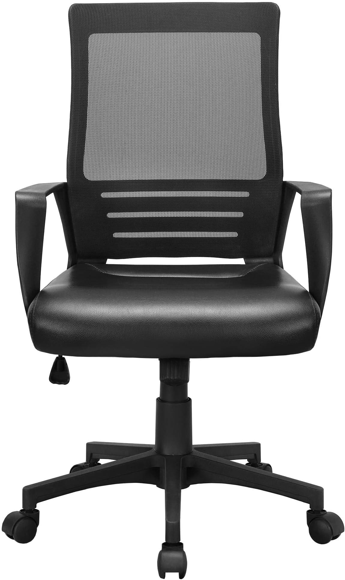 Yaheetech Ergonomic Office Chair Leather Seat and Mesh Back Computer Chair Executive Chair Mid-Back Rolling Swivel Chair w/Lumbar Support and Armrests Adjustable Height for Office Meeting，Black
