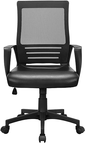 Yaheetech Silla de oficina de malla con respaldo medio con asiento de cuero, silla ejecutiva para computadora de oficina con reposabrazos y soporte