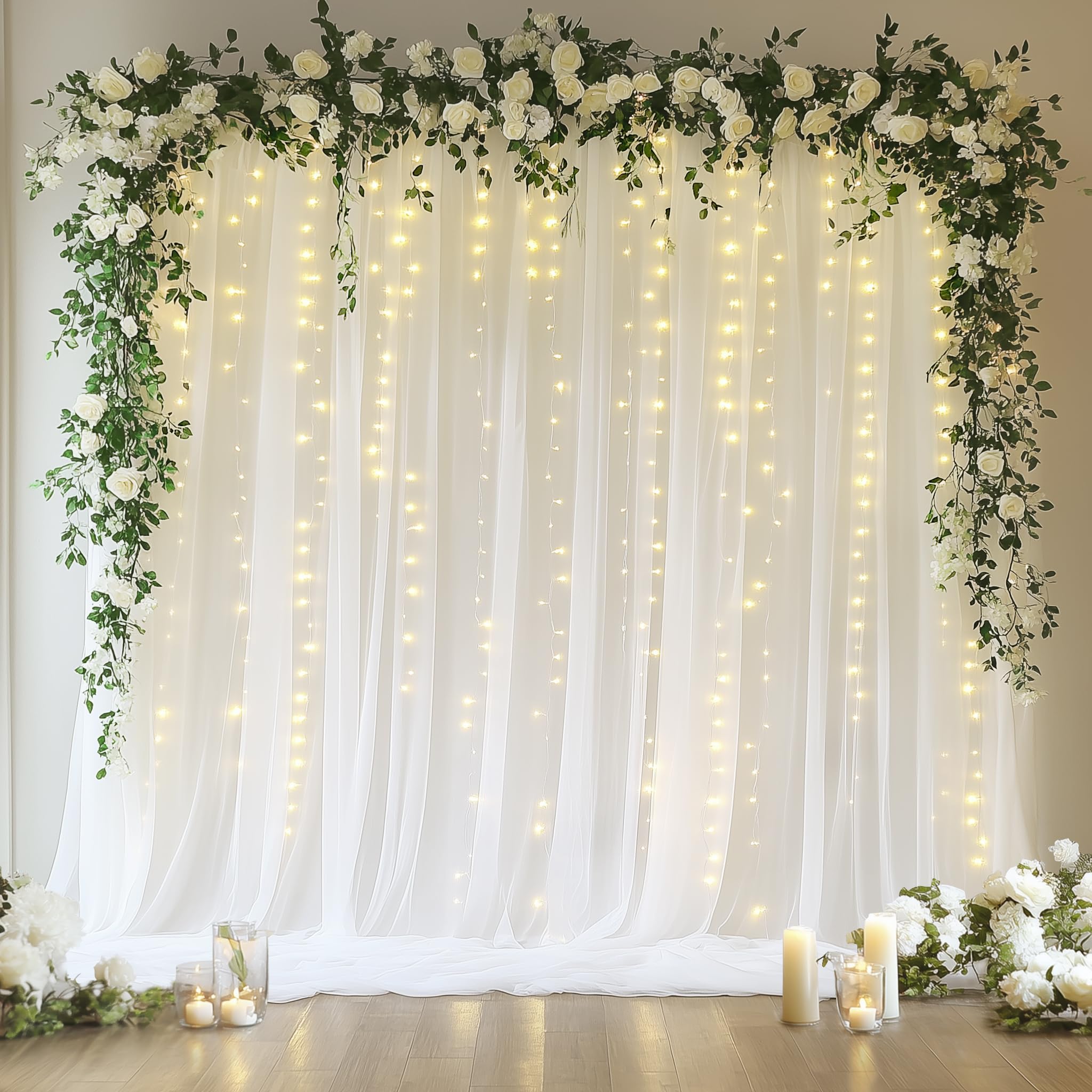 Fomcet Lot de 2 rideaux en tulle blanc de 3 x 3 m avec guirlandes lumineuses pour fêtes, mariage, anniversaire, fête prénatale, séance photo (2 panneaux, 1,5 x 3 m)
