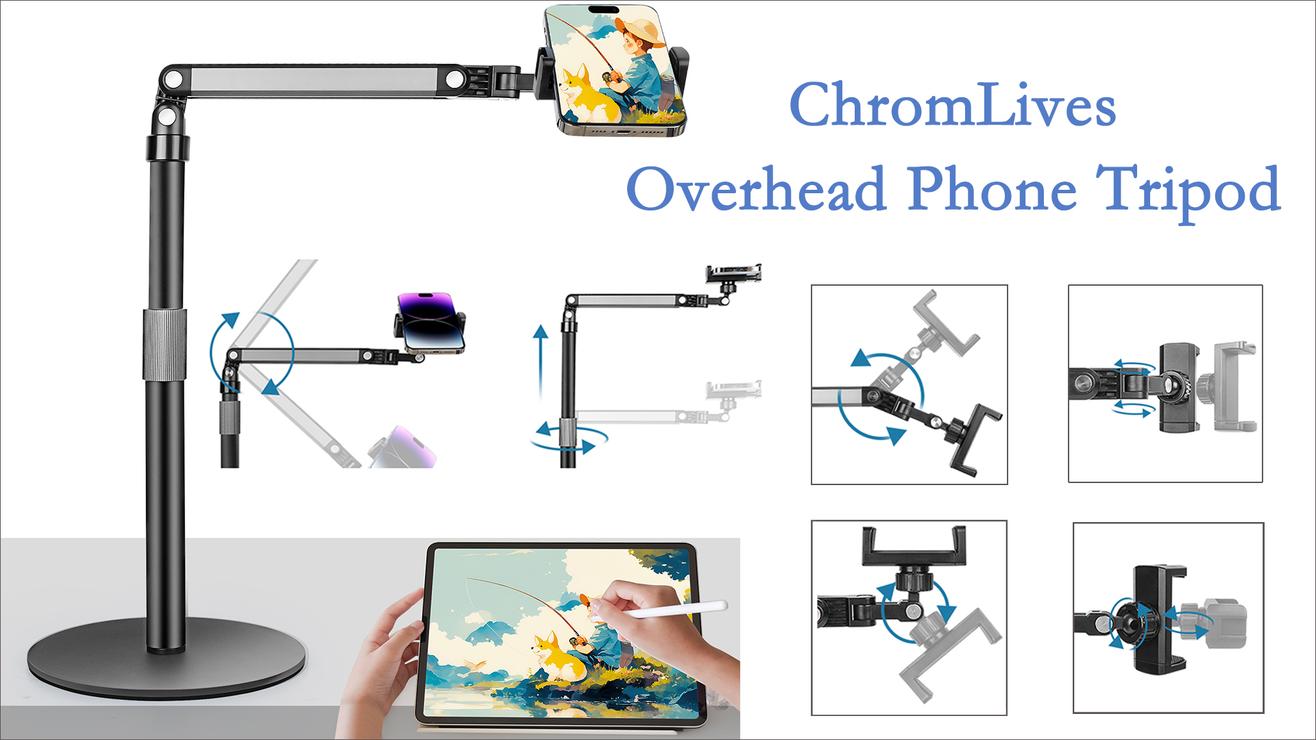 Elitehood Overhead Smartphone Tripod, Ultra Stable Tripod for iPhone | Phone holder 180 cm, 360° swivel head, bag included. Ideal for professional videos and creative angles