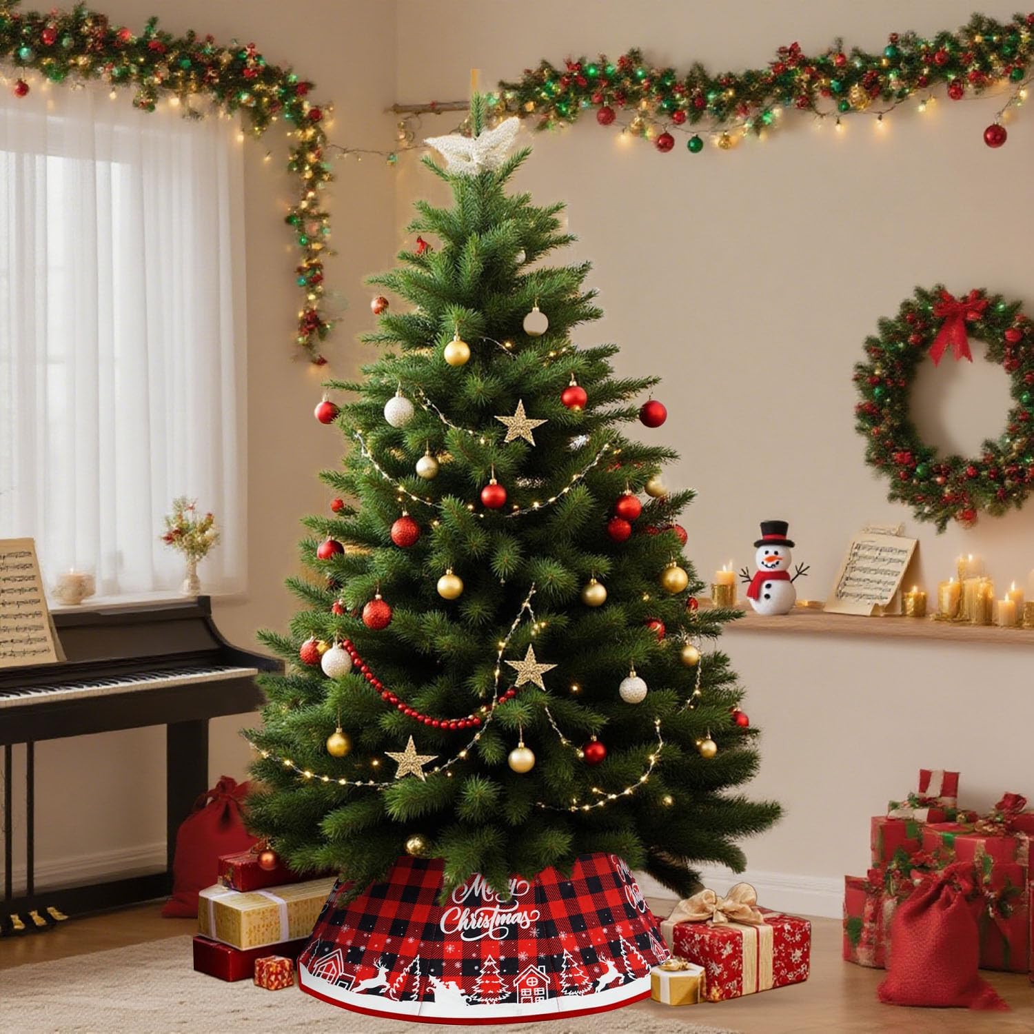 Christmas Tree Collar 24 Inch Red Retro Plaid High Decorative Base for Christmas Trees Stylish Holiday Accent Durable Christmas Tree Skirt Alternative Home Decor